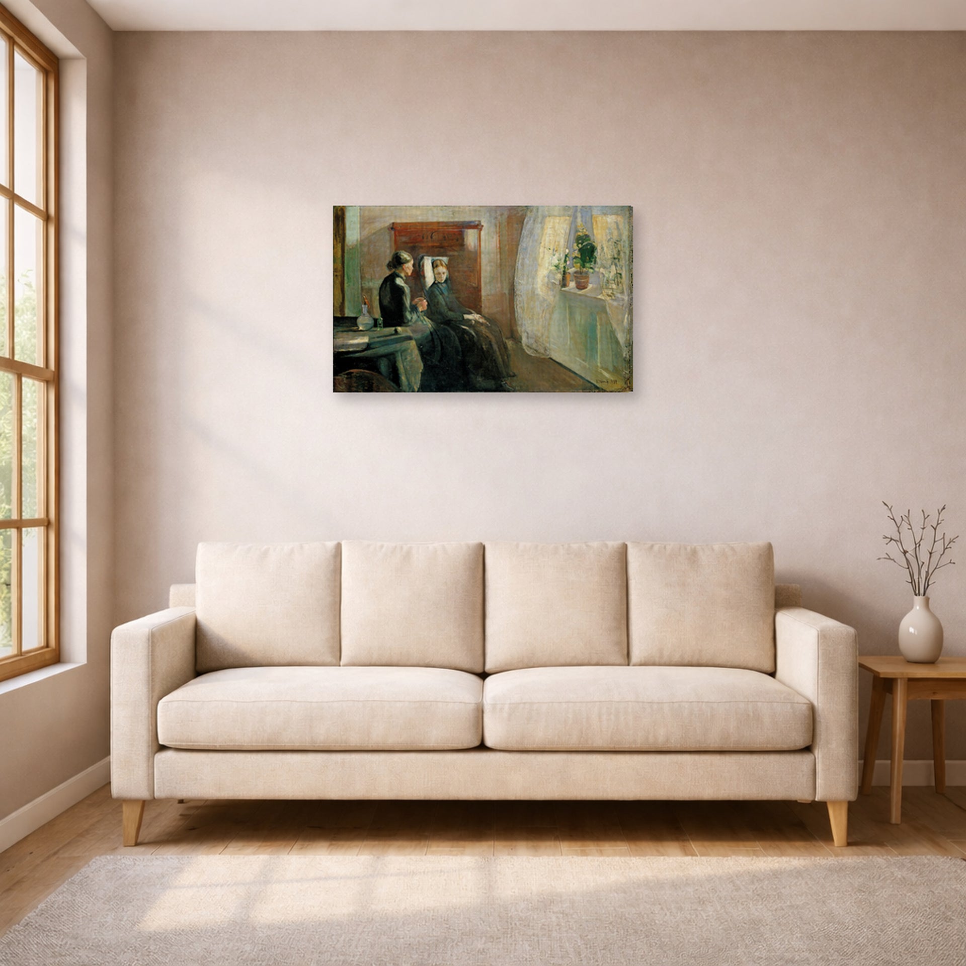 Gallery-wrapped canvas print of Edvard Munch's Spring displayed on a wall in a living room