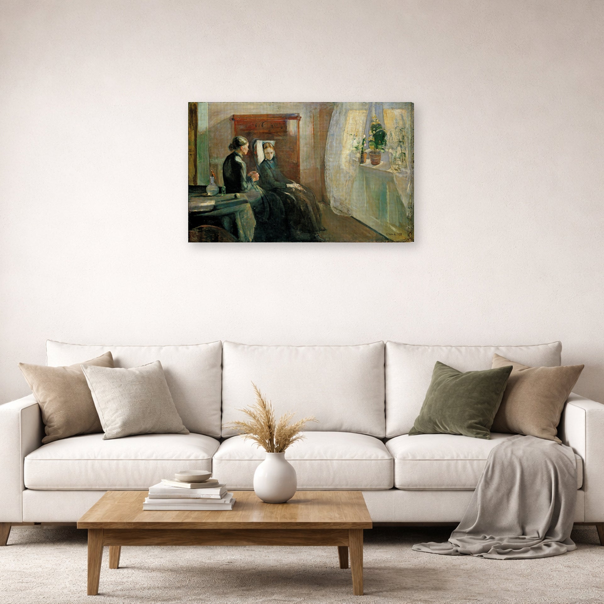 Gallery-wrapped canvas print of Edvard Munch's Spring displayed on a wall in a living room