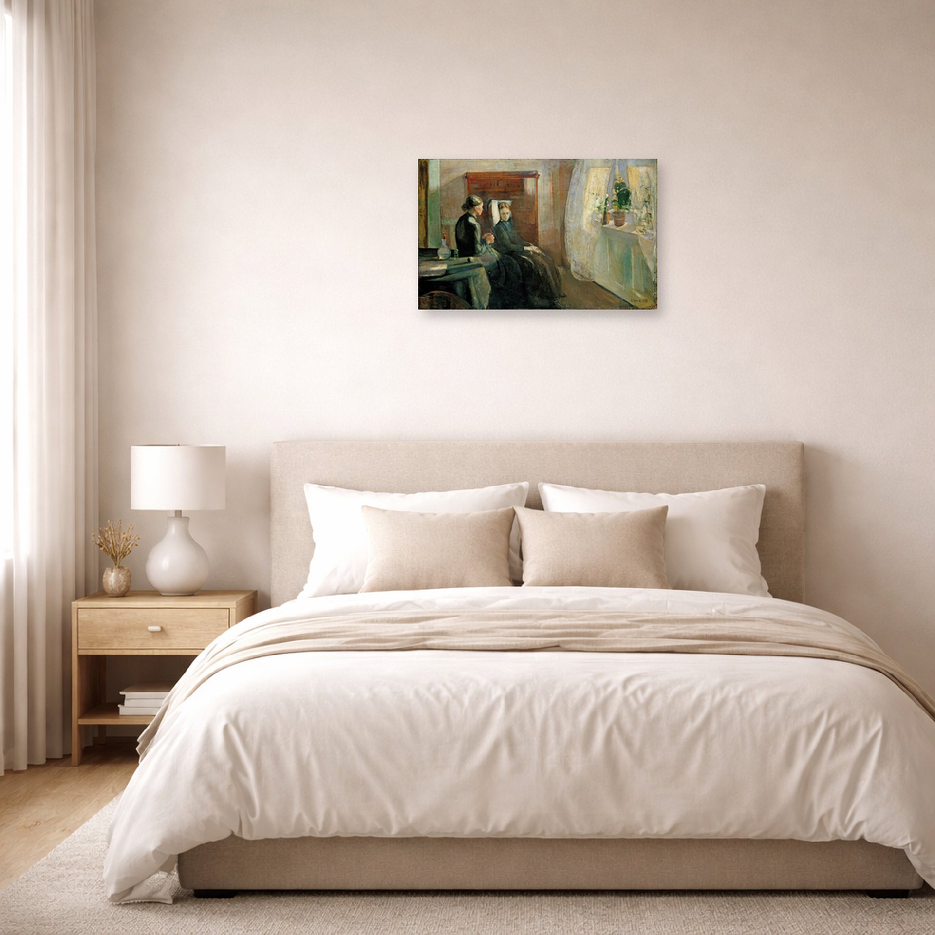 Unframed poster print of Edvard Munch's Spring displayed on a wall in a bedroom