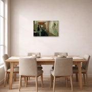 Unframed poster print of Edvard Munch's Spring displayed on a wall in a dining room
