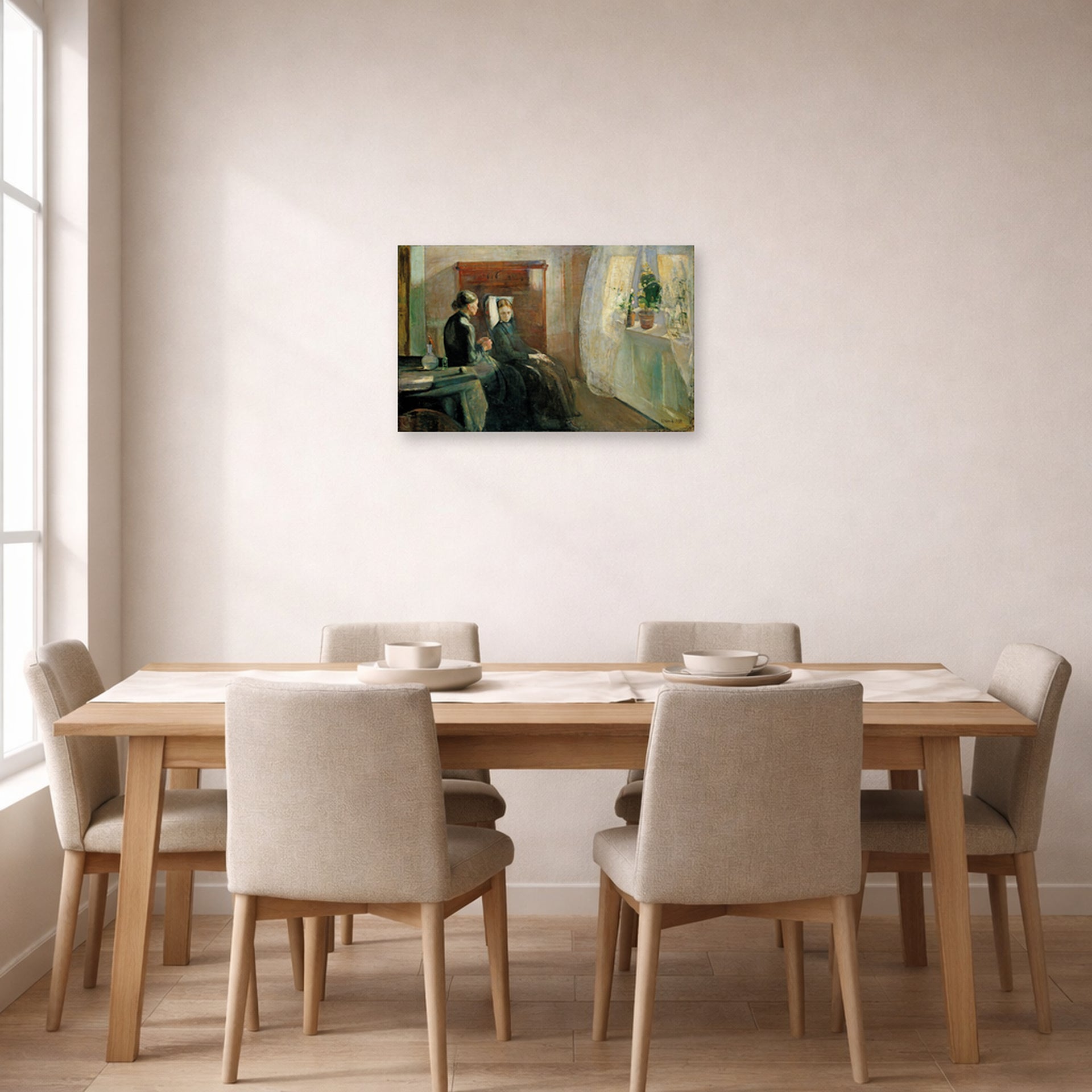 Unframed poster print of Edvard Munch's Spring displayed on a wall in a dining room
