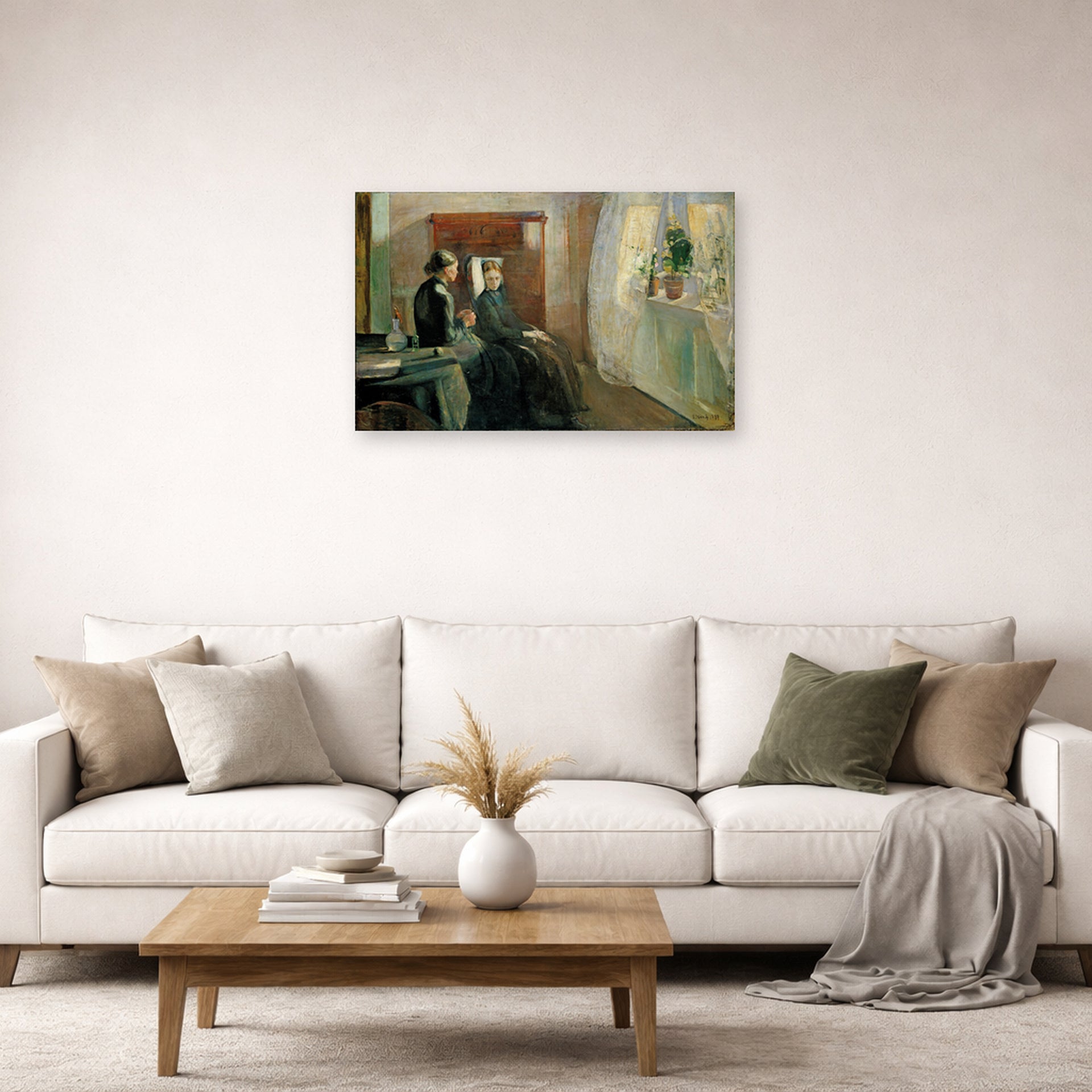 Unframed poster print of Edvard Munch's Spring displayed on a wall in a living room