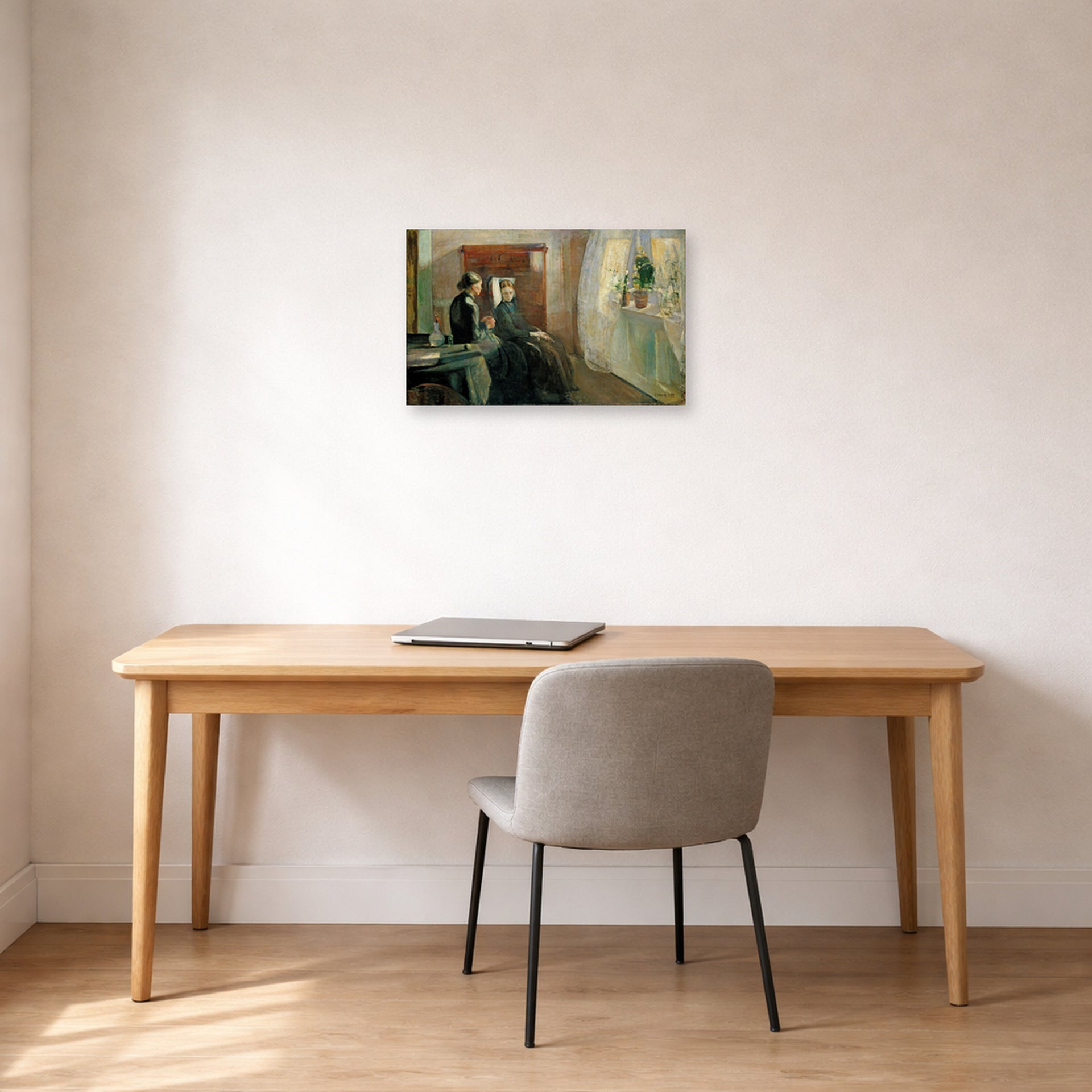 Unframed poster print of Edvard Munch's Spring displayed on a wall in a home office