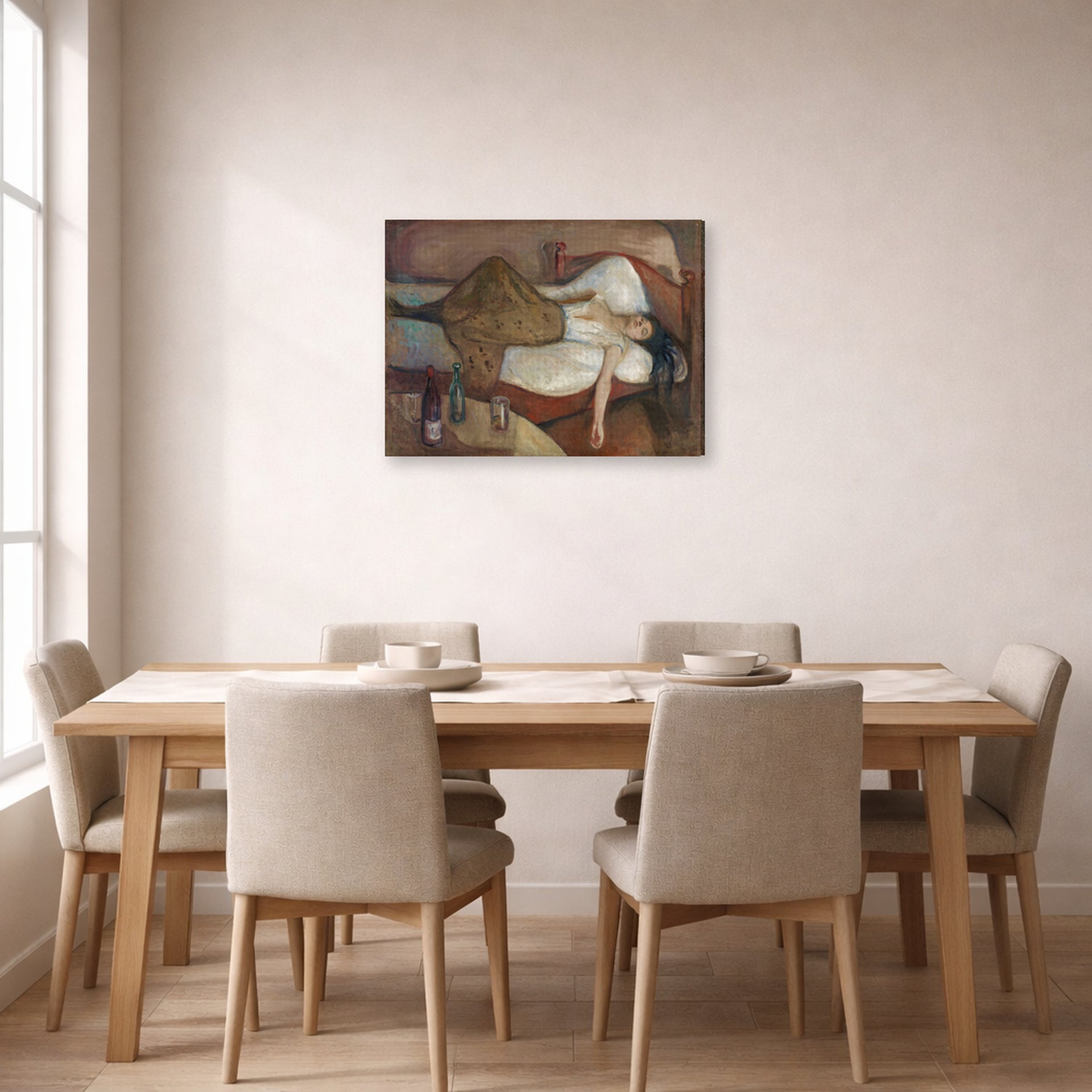 Gallery-wrapped canvas print of Edvard Munch's The Day After displayed on a wall in a dining room