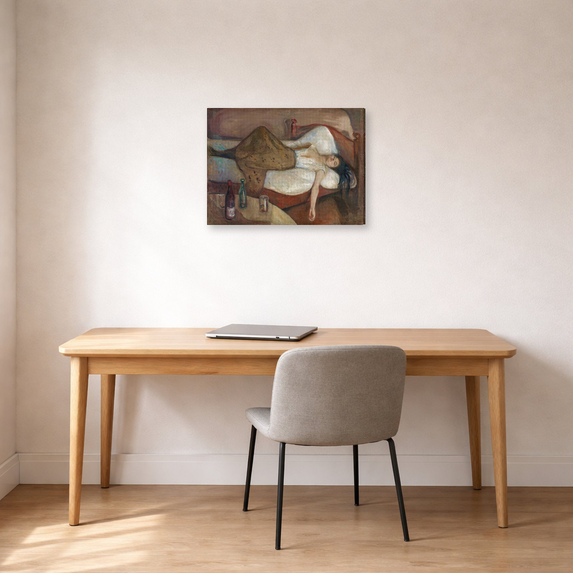 Gallery-wrapped canvas print of Edvard Munch's The Day After displayed on a wall in a home office