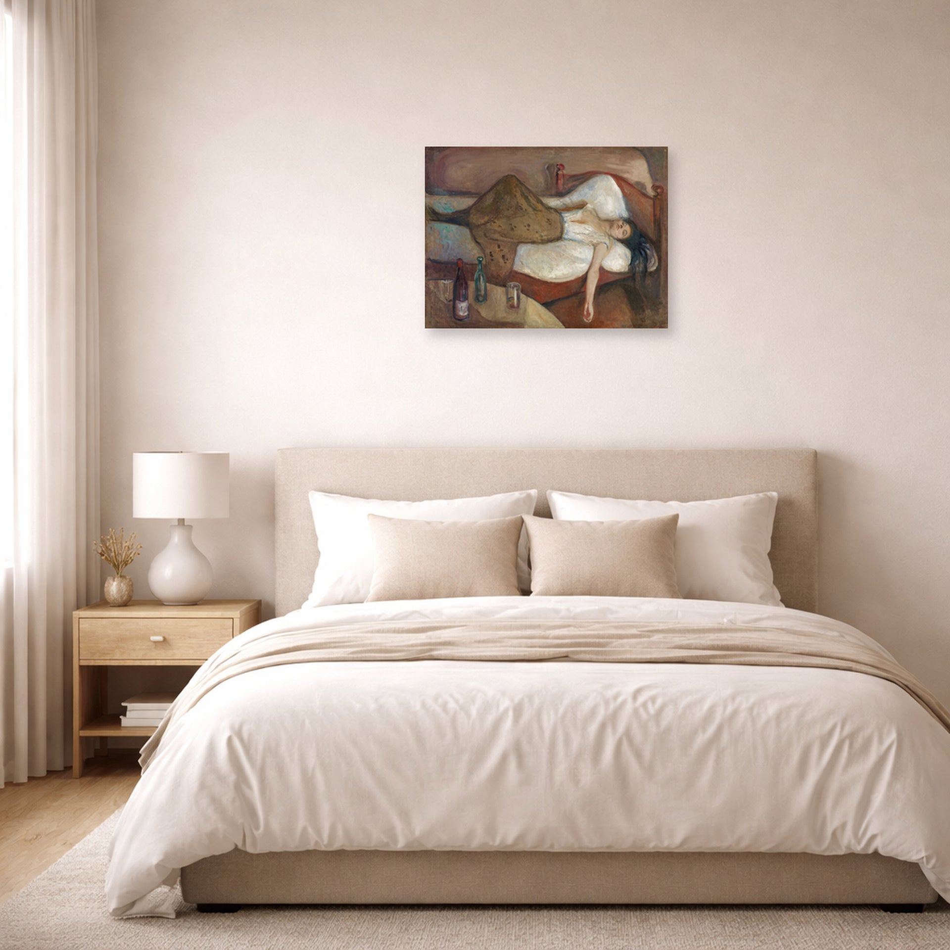Unframed poster print of Edvard Munch's The Day After displayed on a wall in a bedroom