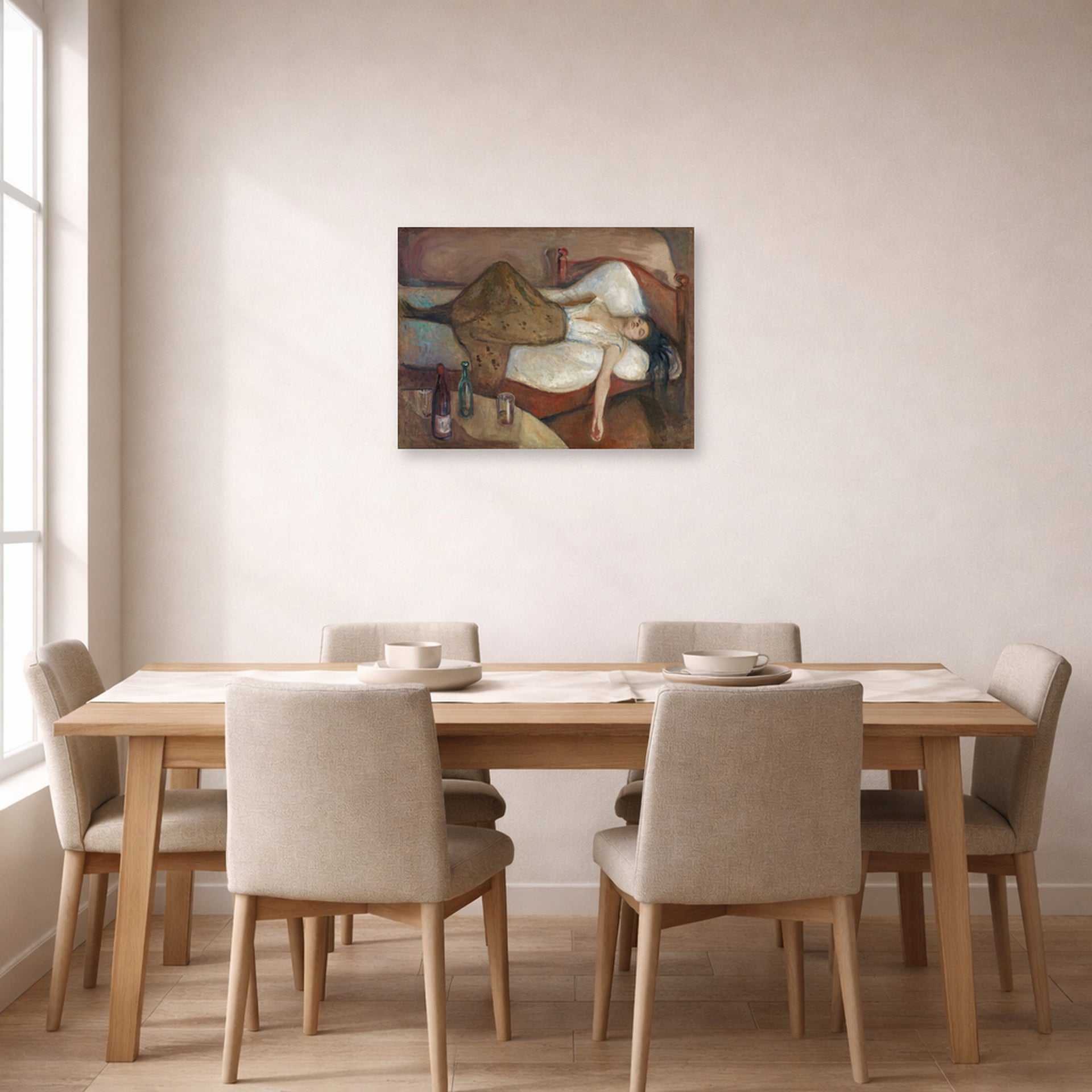Unframed poster print of Edvard Munch's The Day After displayed on a wall in a dining room