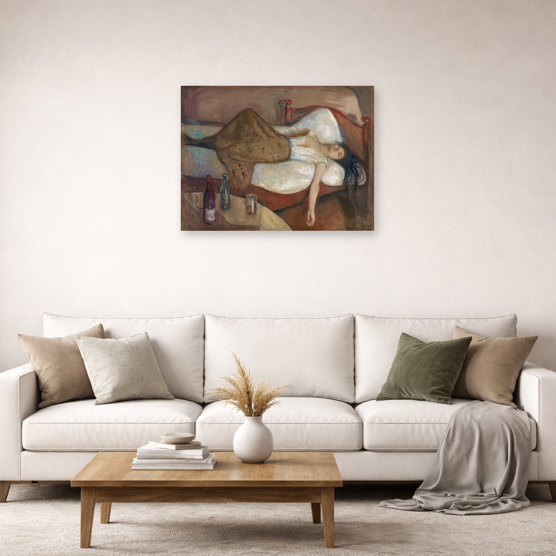 Unframed poster print of Edvard Munch's The Day After displayed on a wall in a living room