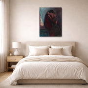 Gallery-wrapped canvas print of Edvard Munch's The Kiss displayed on a wall in a bedroom