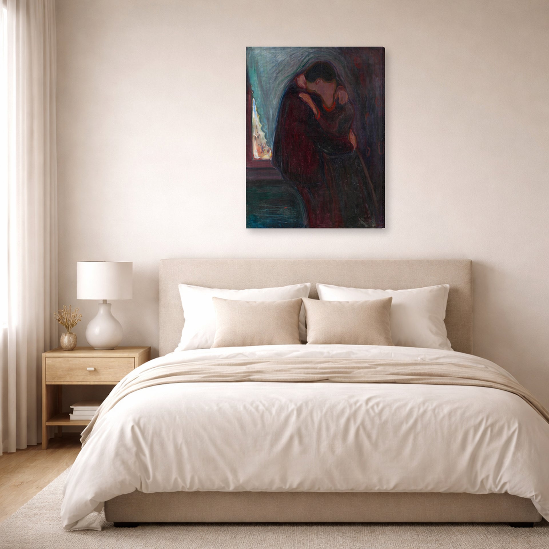 Gallery-wrapped canvas print of Edvard Munch's The Kiss displayed on a wall in a bedroom