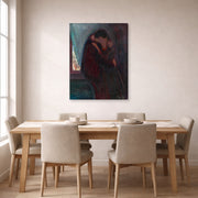 Gallery-wrapped canvas print of Edvard Munch's The Kiss displayed on a wall in a dining room
