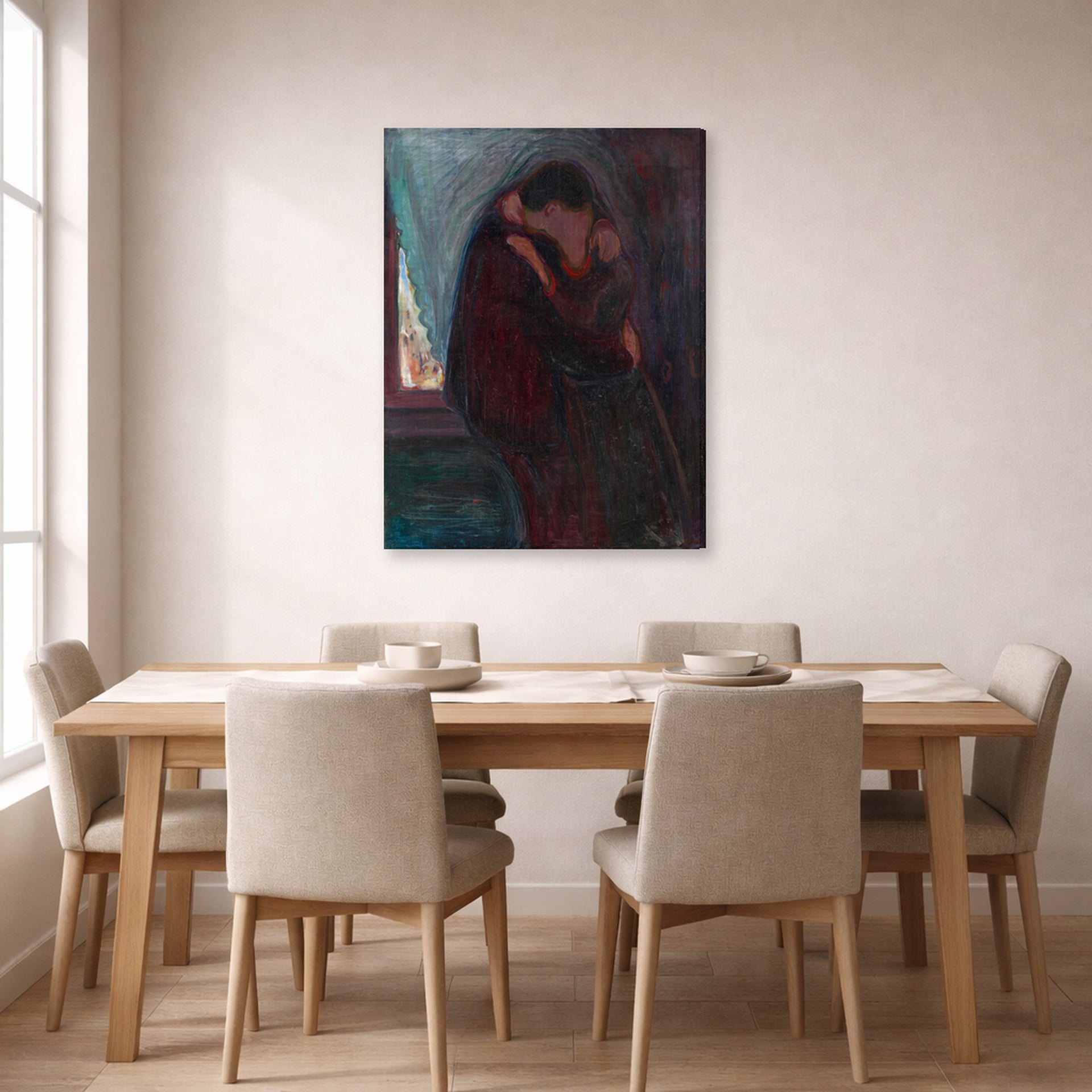 Gallery-wrapped canvas print of Edvard Munch's The Kiss displayed on a wall in a dining room