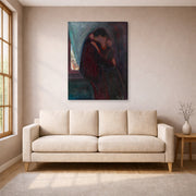 Gallery-wrapped canvas print of Edvard Munch's The Kiss displayed on a wall in a living room