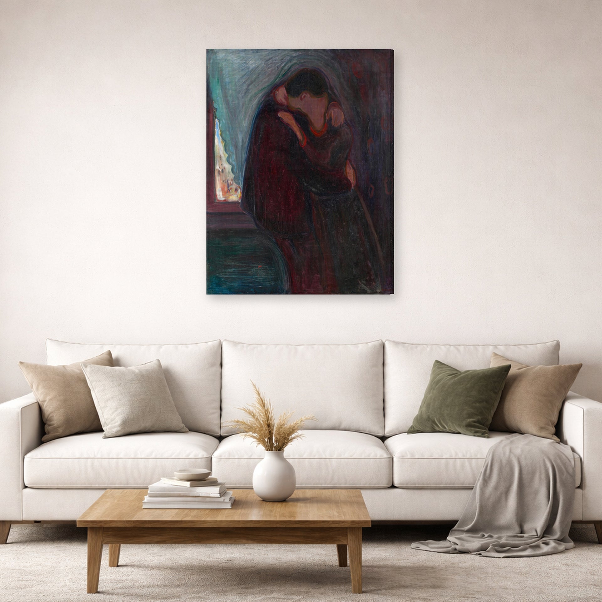 Gallery-wrapped canvas print of Edvard Munch's The Kiss displayed on a wall in a living room