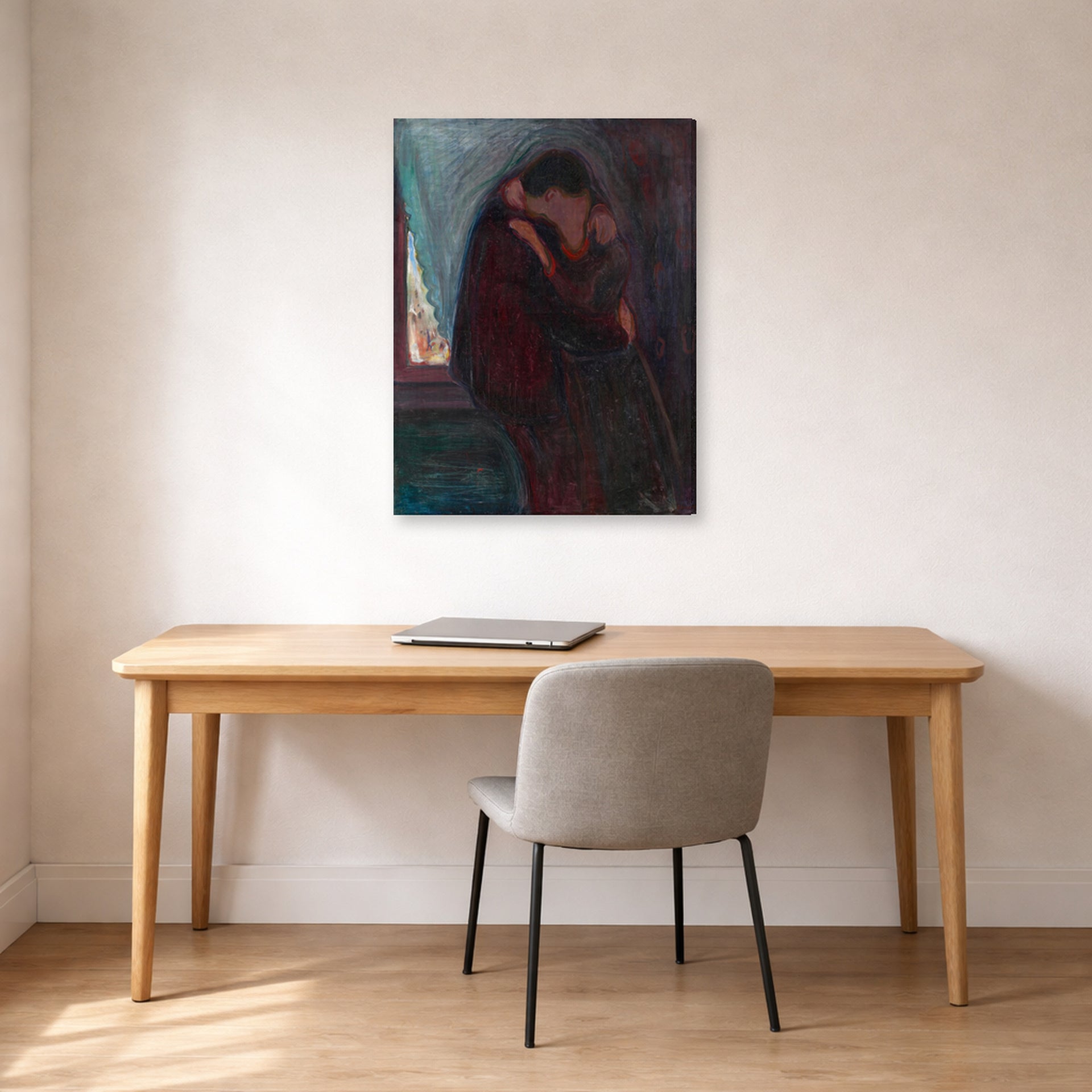 Gallery-wrapped canvas print of Edvard Munch's The Kiss displayed on a wall in a home office