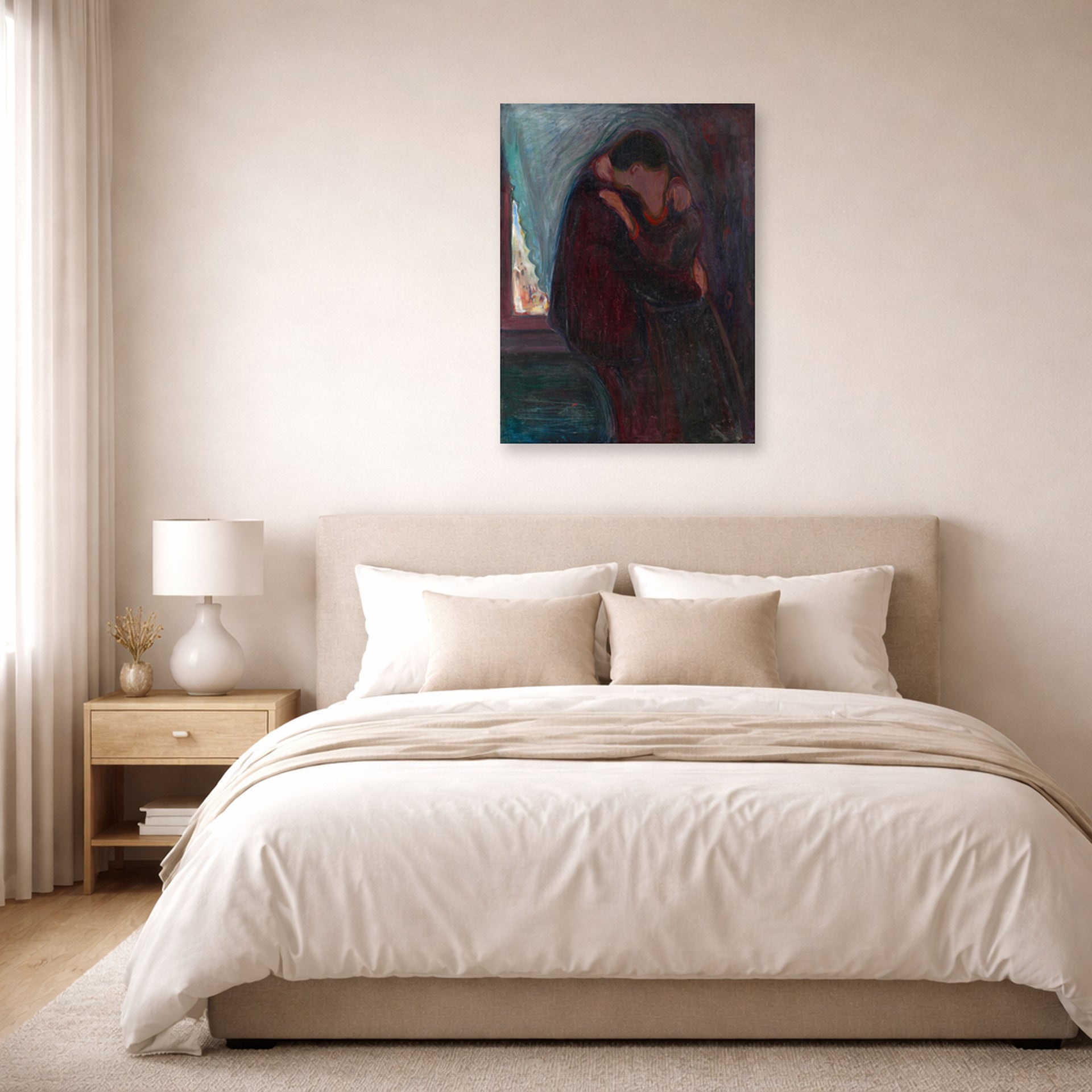 Unframed poster print of Edvard Munch's The Kiss displayed on a wall in a bedroom
