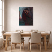 Unframed poster print of Edvard Munch's The Kiss displayed on a wall in a dining room