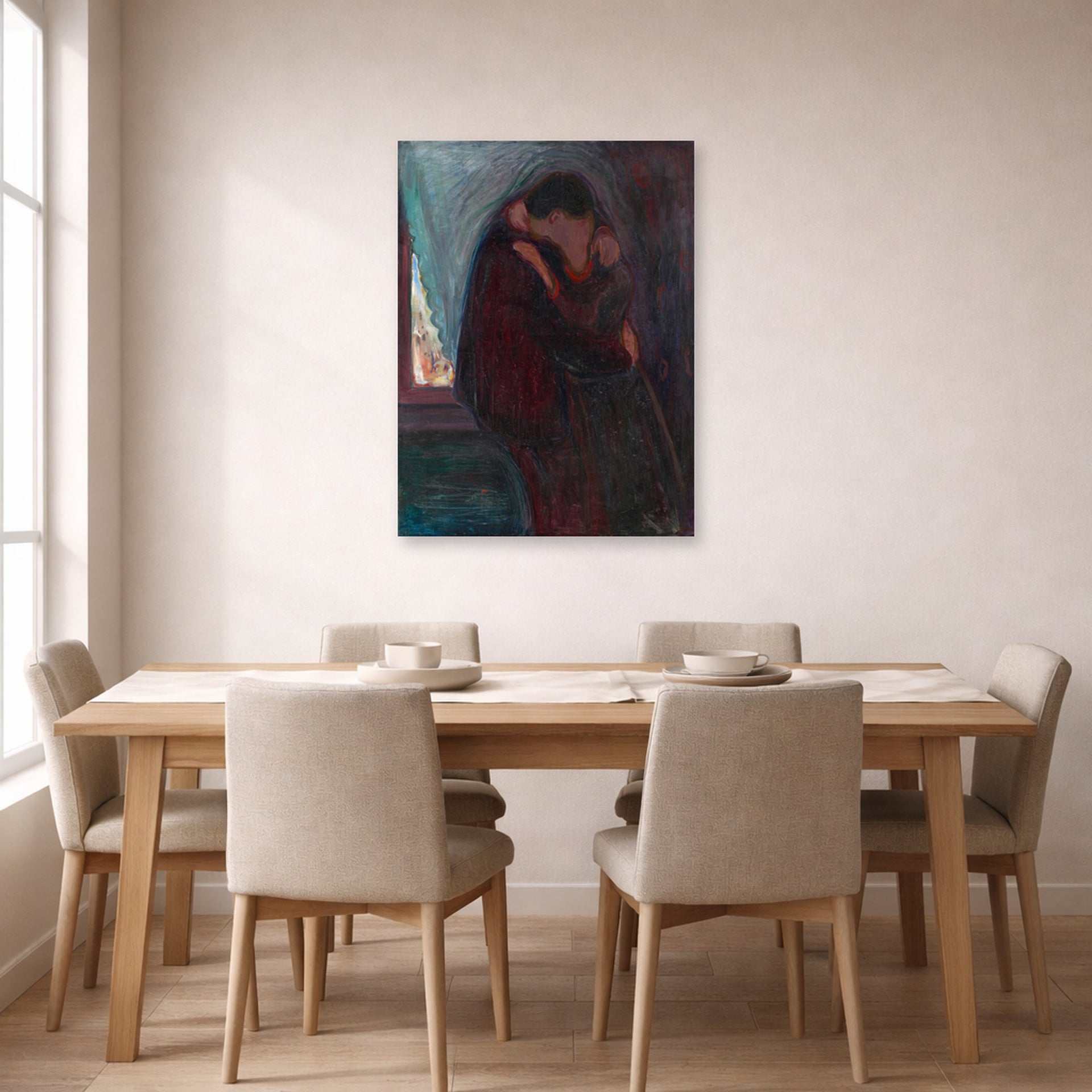Unframed poster print of Edvard Munch's The Kiss displayed on a wall in a dining room