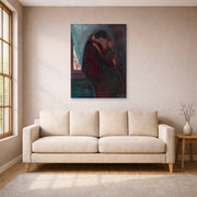 Unframed poster print of Edvard Munch's The Kiss displayed on a wall in a living room