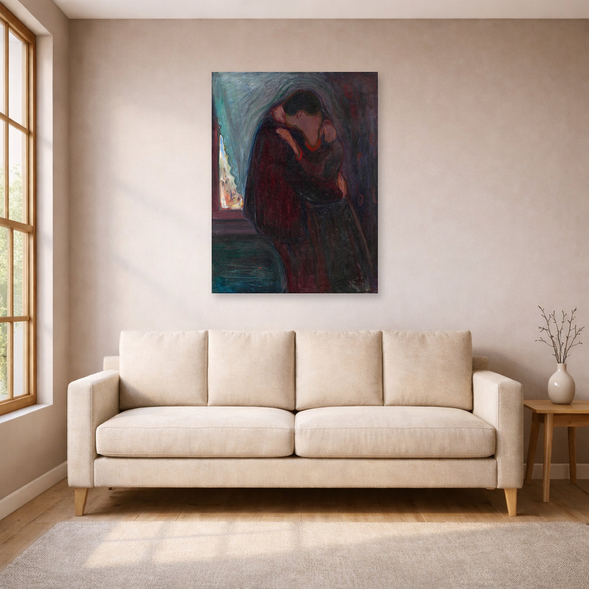 Unframed poster print of Edvard Munch's The Kiss displayed on a wall in a living room