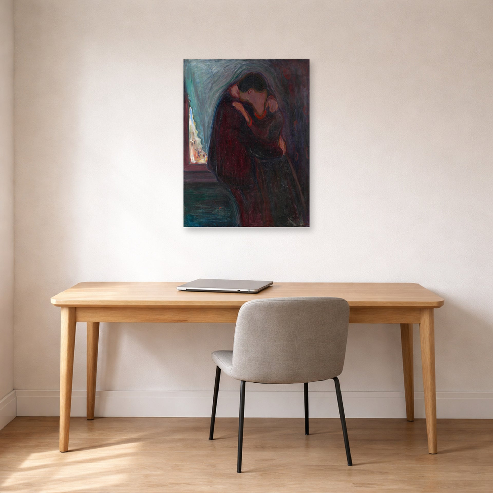 Unframed poster print of Edvard Munch's The Kiss displayed on a wall in a home office