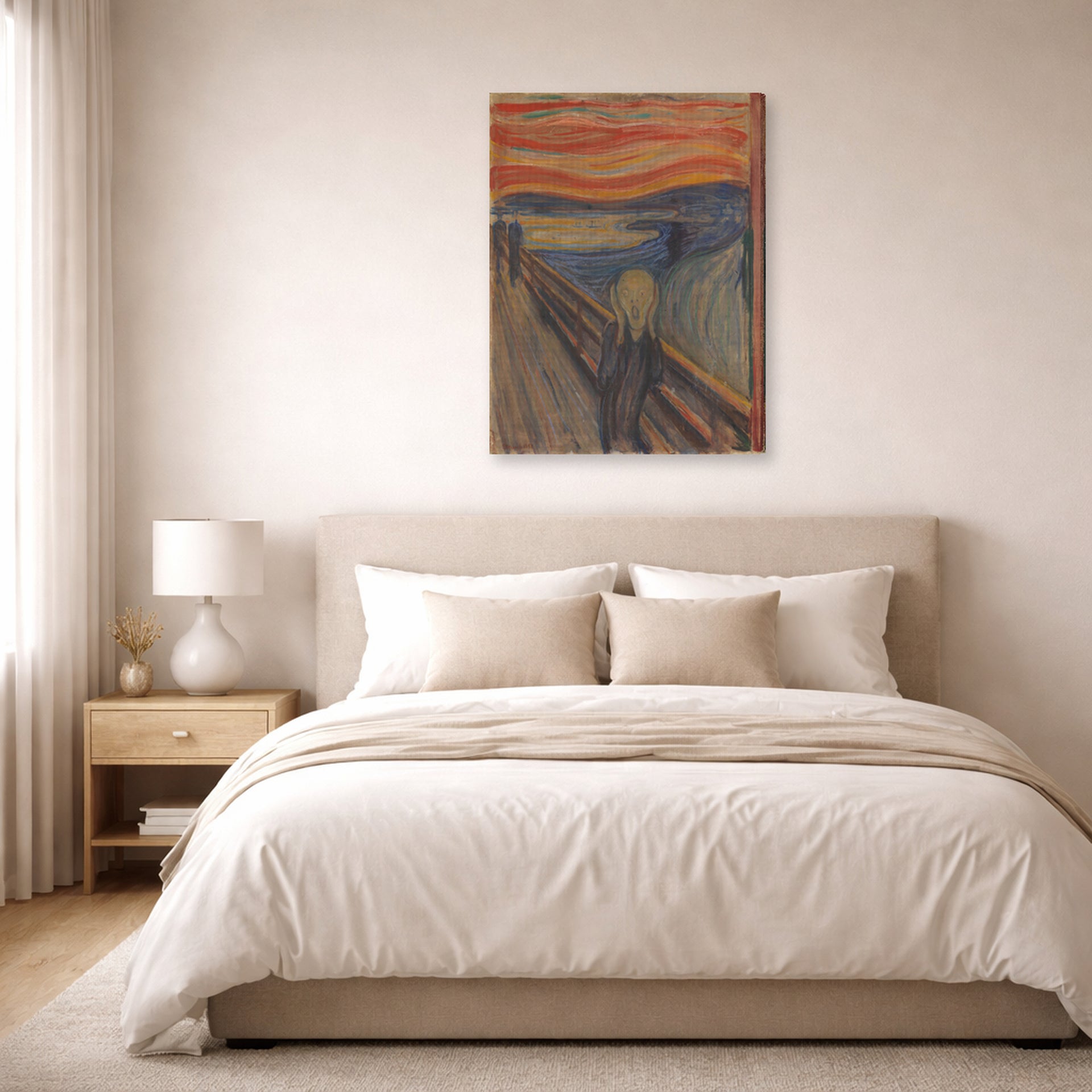 Gallery-wrapped canvas print of Edvard Munch's The Scream displayed on a wall in a bedroom