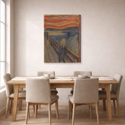 Gallery-wrapped canvas print of Edvard Munch's The Scream displayed on a wall in a dining room