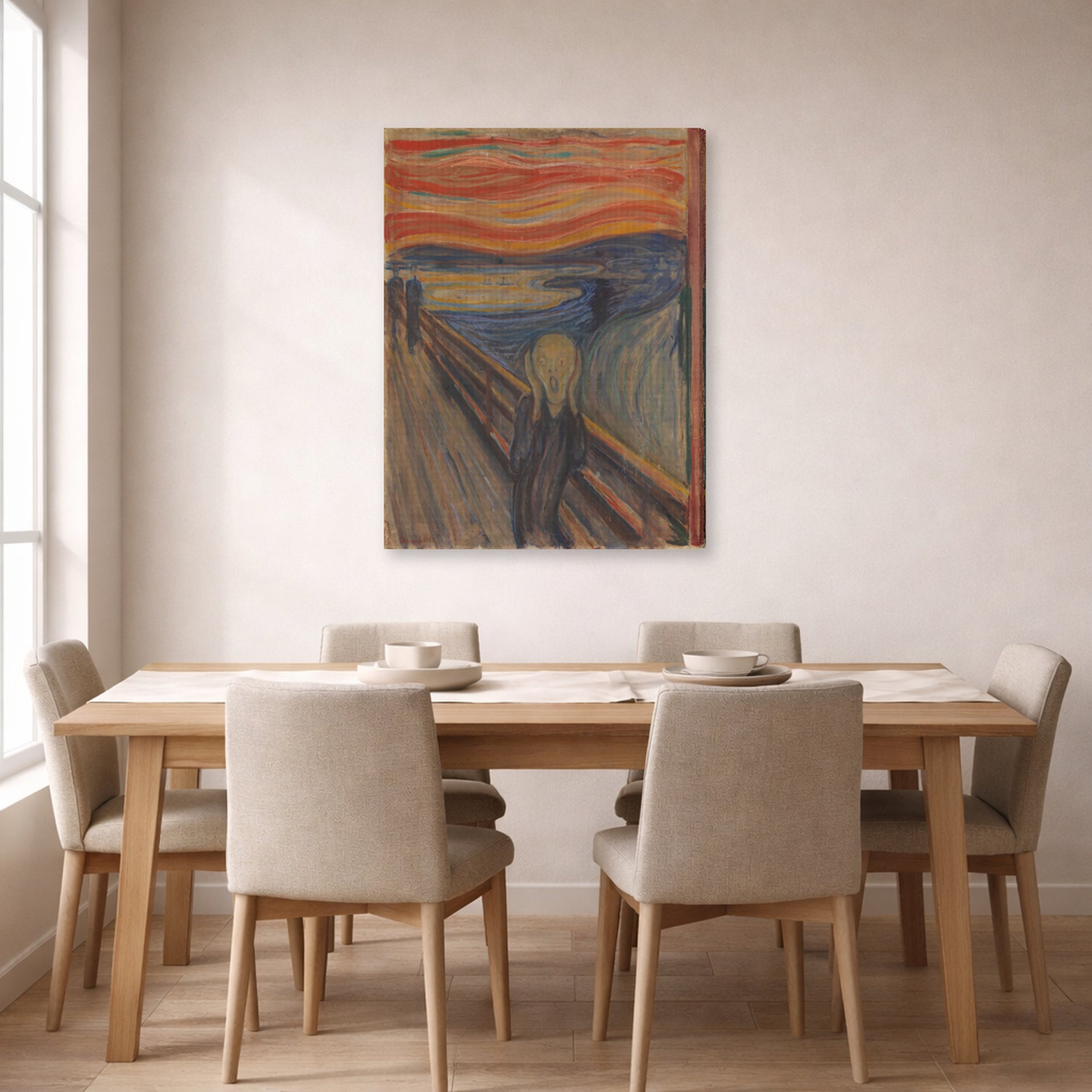 Gallery-wrapped canvas print of Edvard Munch's The Scream displayed on a wall in a dining room