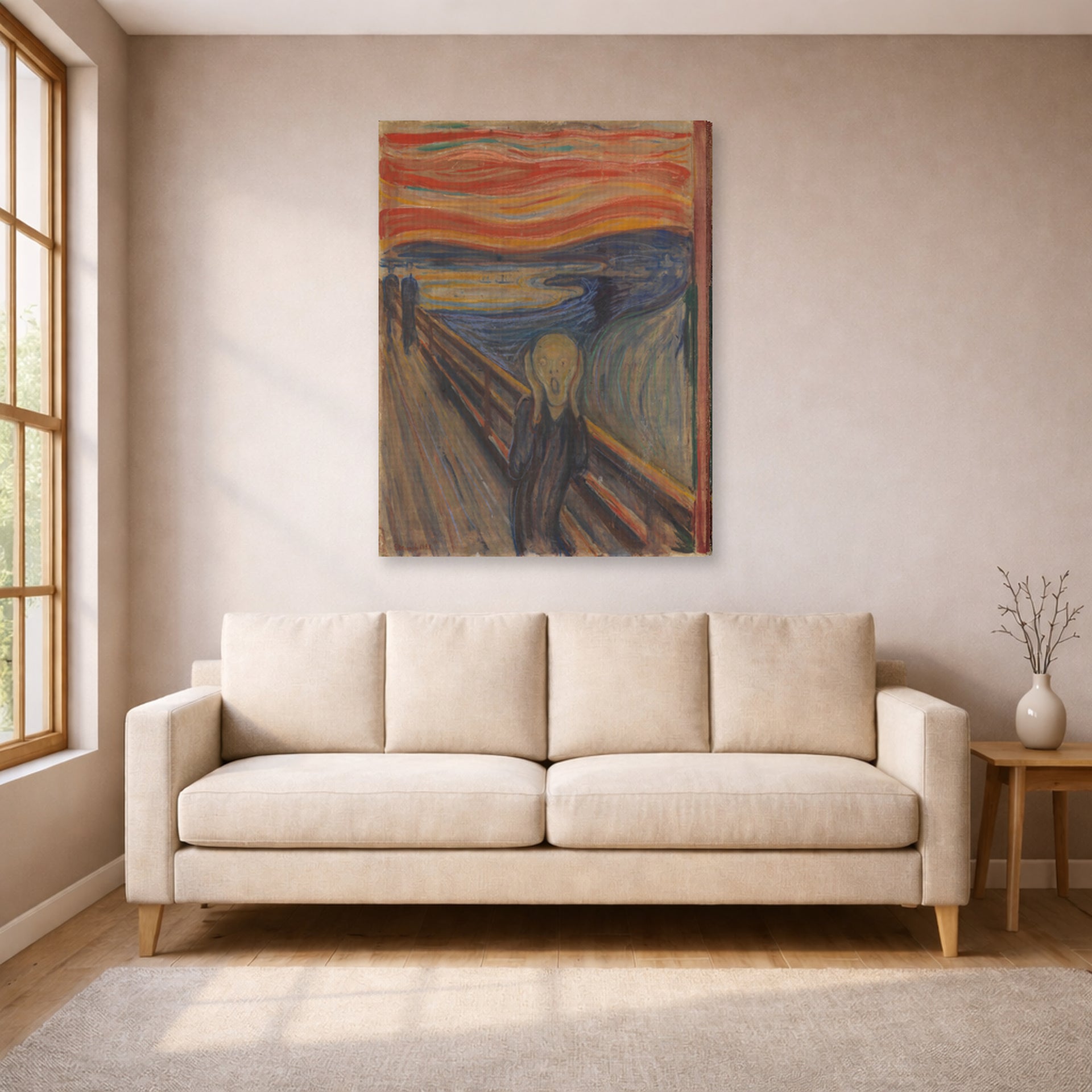 Gallery-wrapped canvas print of Edvard Munch's The Scream displayed on a wall in a living room