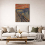 Gallery-wrapped canvas print of Edvard Munch's The Scream displayed on a wall in a living room
