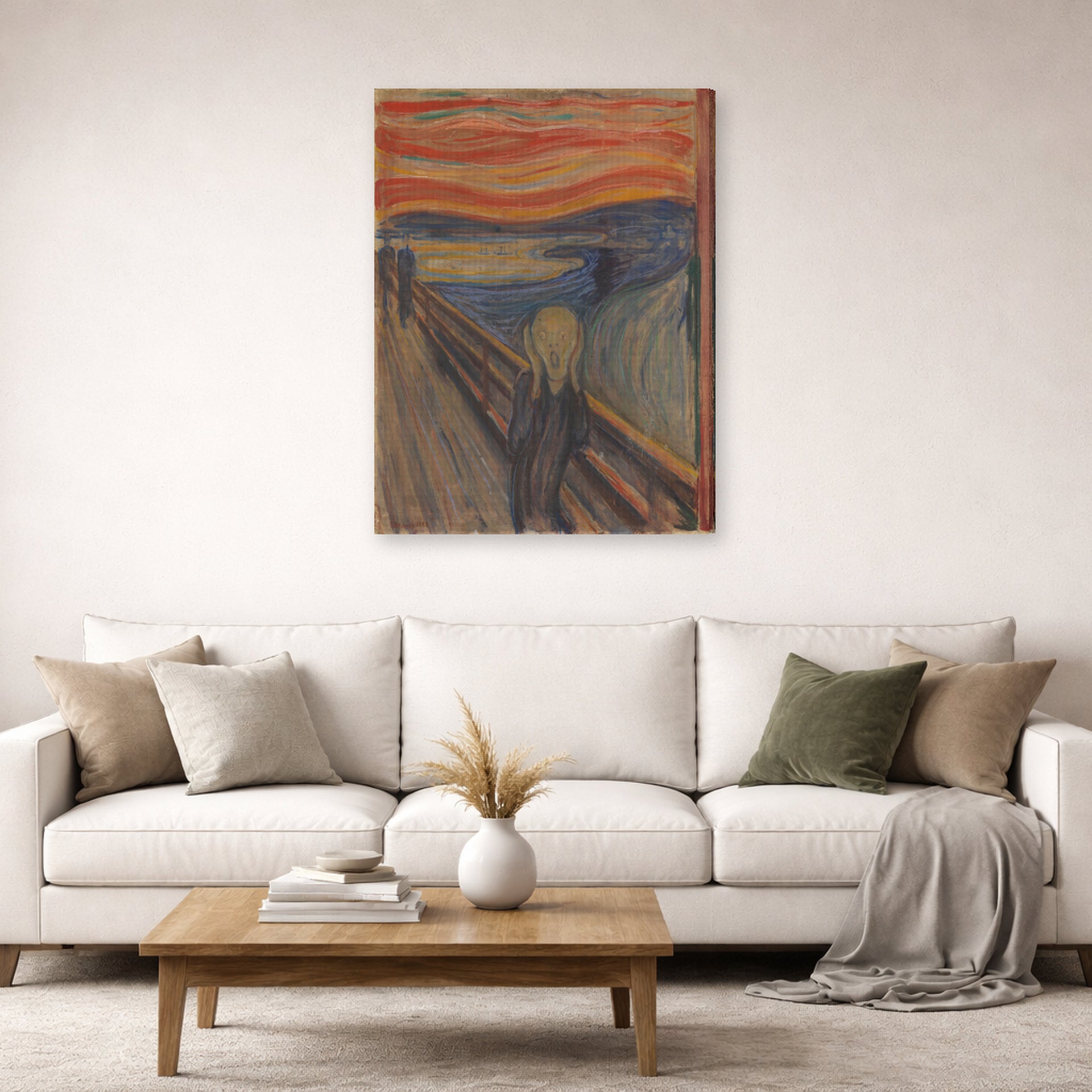 Gallery-wrapped canvas print of Edvard Munch's The Scream displayed on a wall in a living room