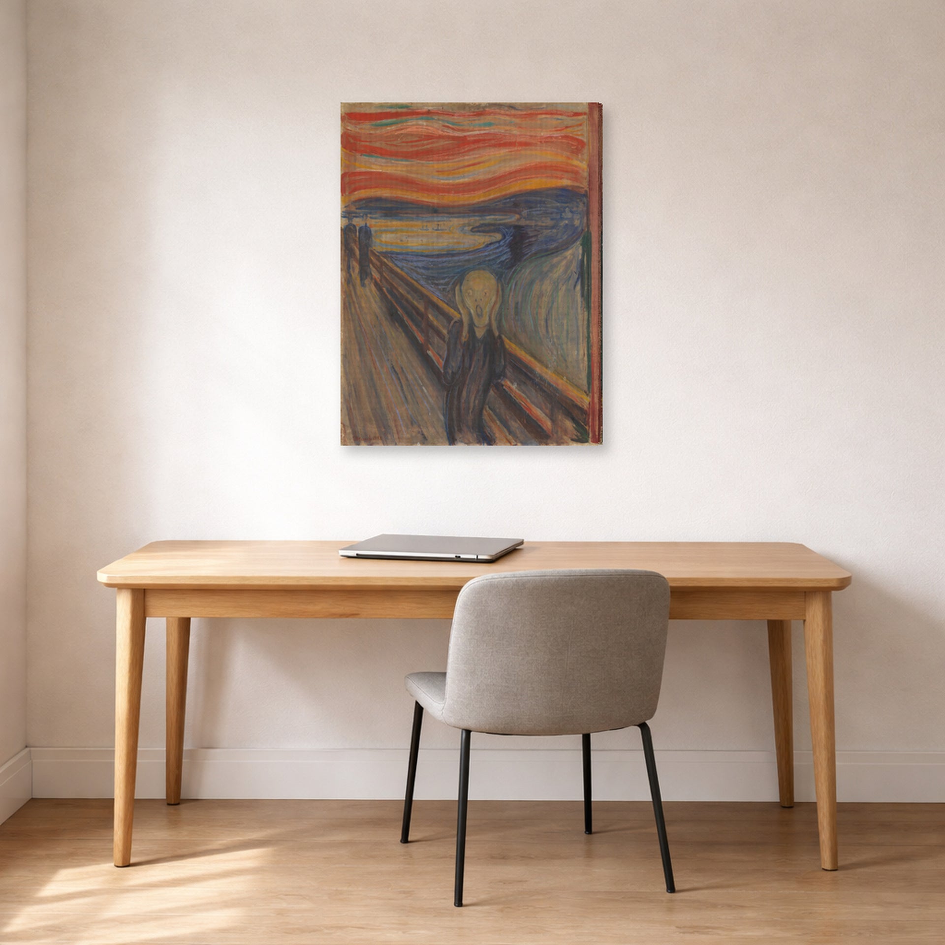 Gallery-wrapped canvas print of Edvard Munch's The Scream displayed on a wall in a home office