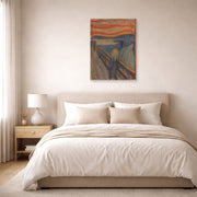 Unframed poster print of Edvard Munch's The Scream displayed on a wall in a bedroom