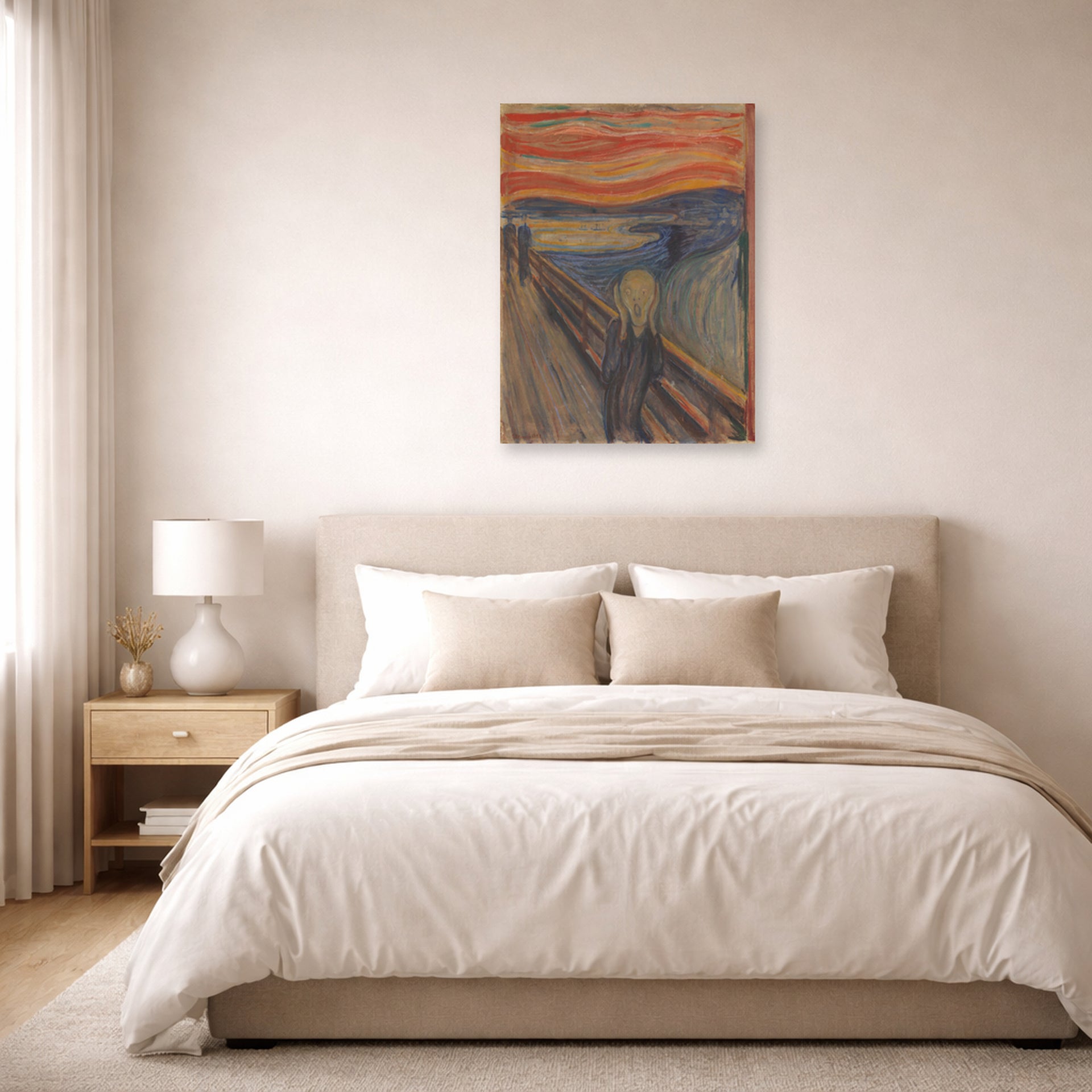 Unframed poster print of Edvard Munch's The Scream displayed on a wall in a bedroom