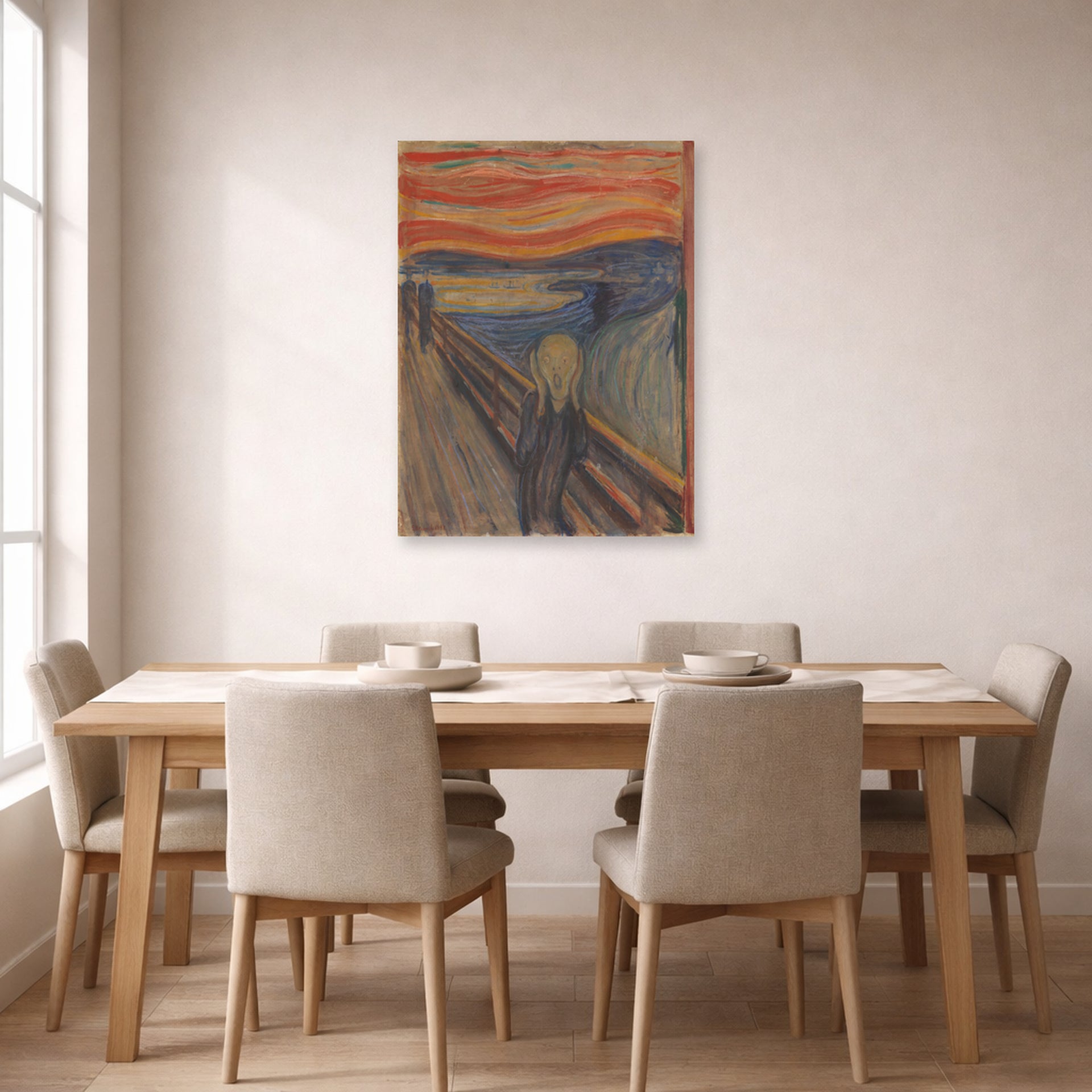 Unframed poster print of Edvard Munch's The Scream displayed on a wall in a dining room