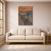 Unframed poster print of Edvard Munch's The Scream displayed on a wall in a living room