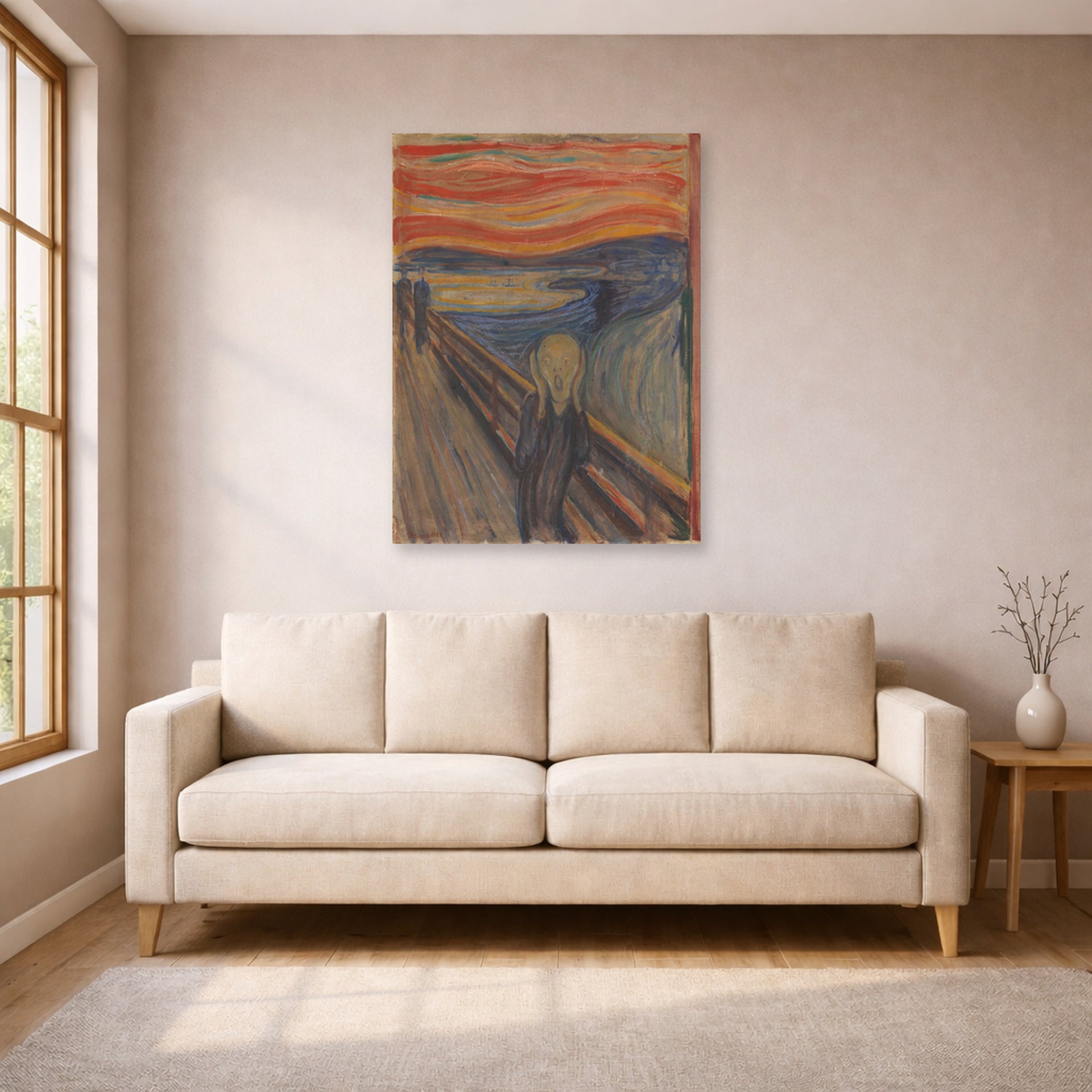 Unframed poster print of Edvard Munch's The Scream displayed on a wall in a living room