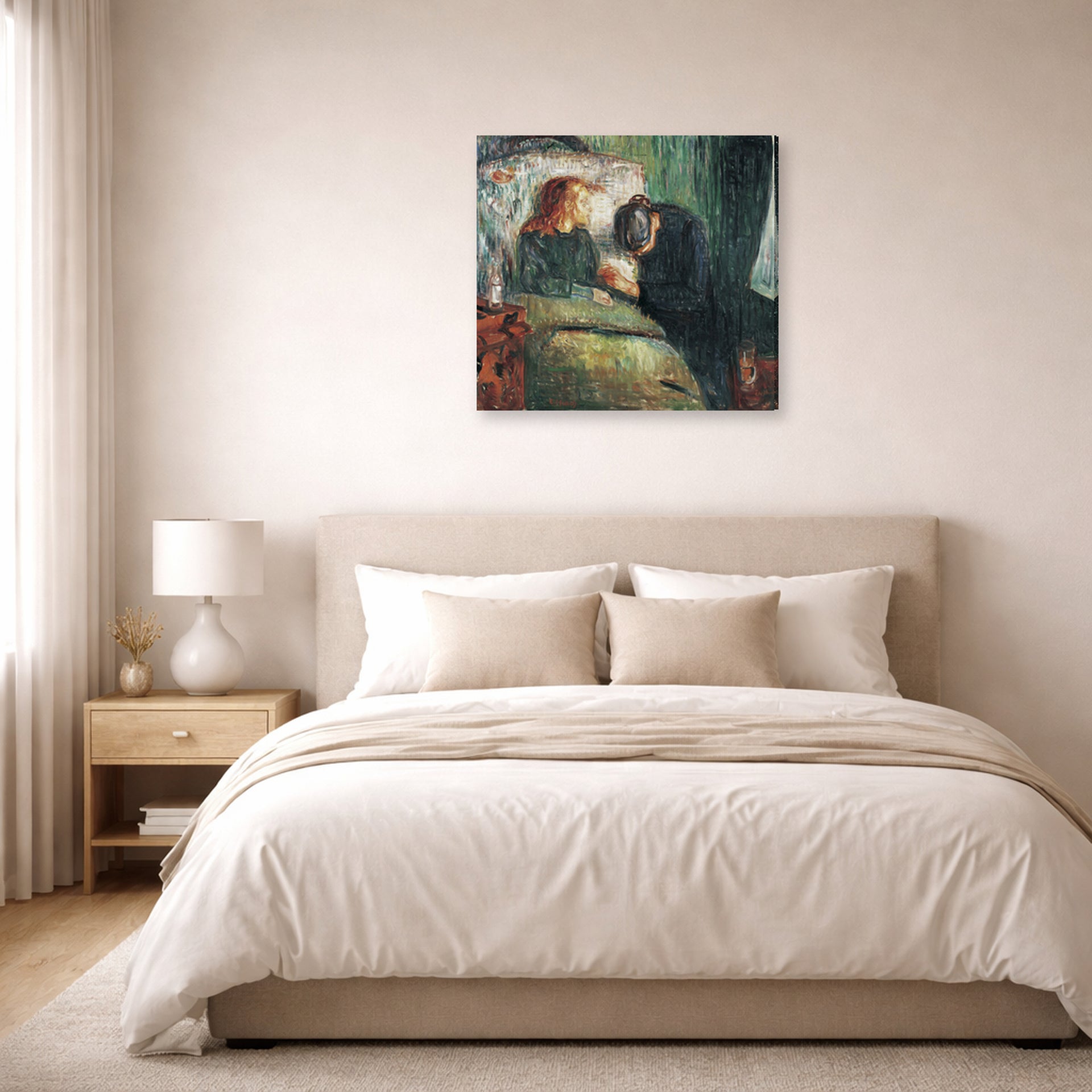 Gallery-wrapped canvas print of Edvard Munch's The Sick Child displayed on a wall in a bedroom
