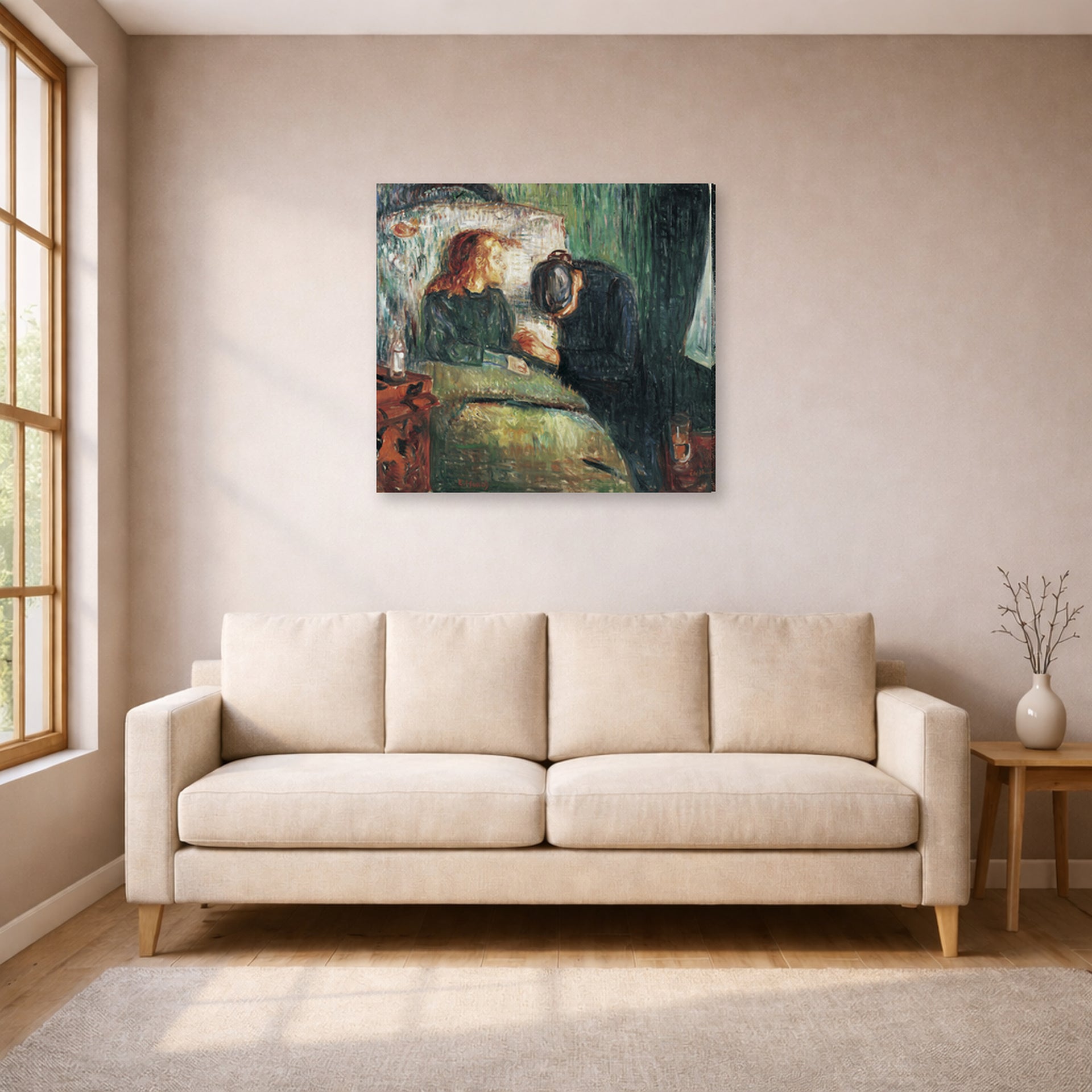 Gallery-wrapped canvas print of Edvard Munch's The Sick Child displayed on a wall in a living room