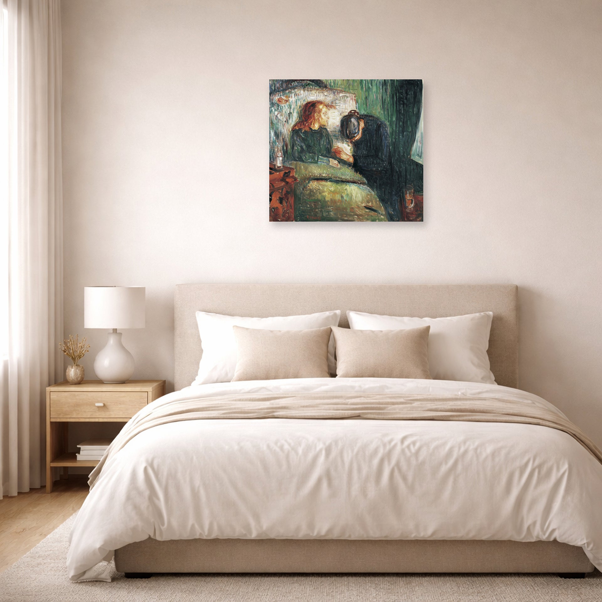 Unframed poster print of Edvard Munch's The Sick Child displayed on a wall in a bedroom