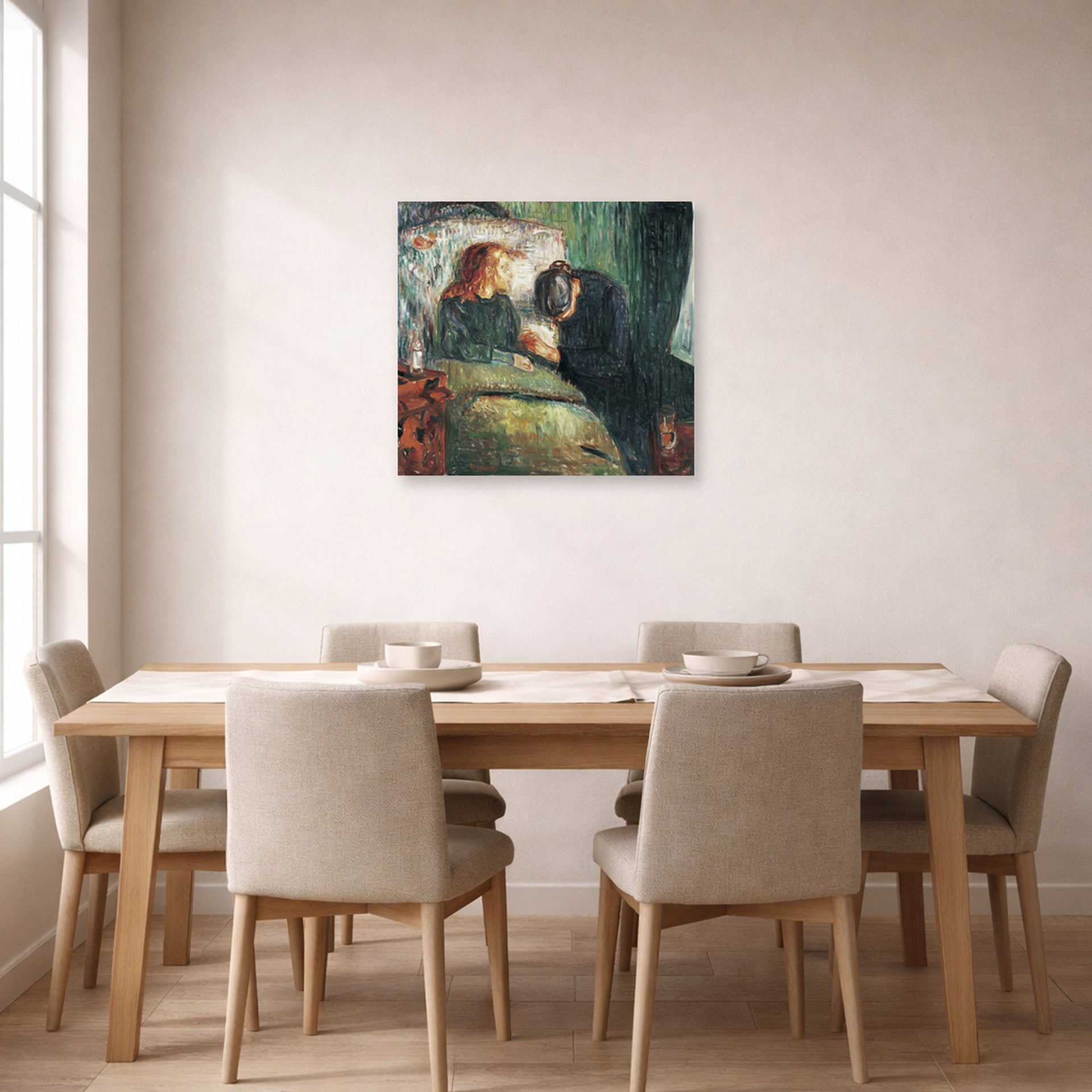 Unframed poster print of Edvard Munch's The Sick Child displayed on a wall in a dining room