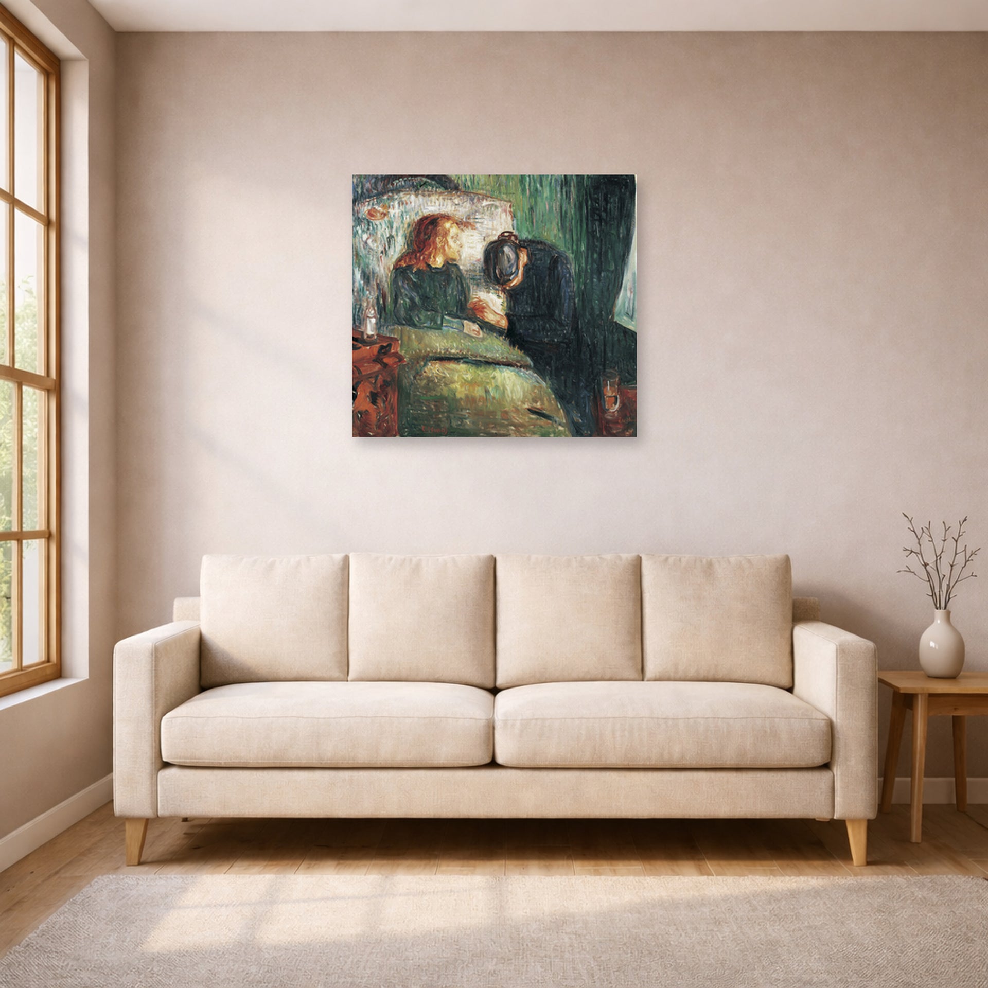 Unframed poster print of Edvard Munch's The Sick Child displayed on a wall in a living room