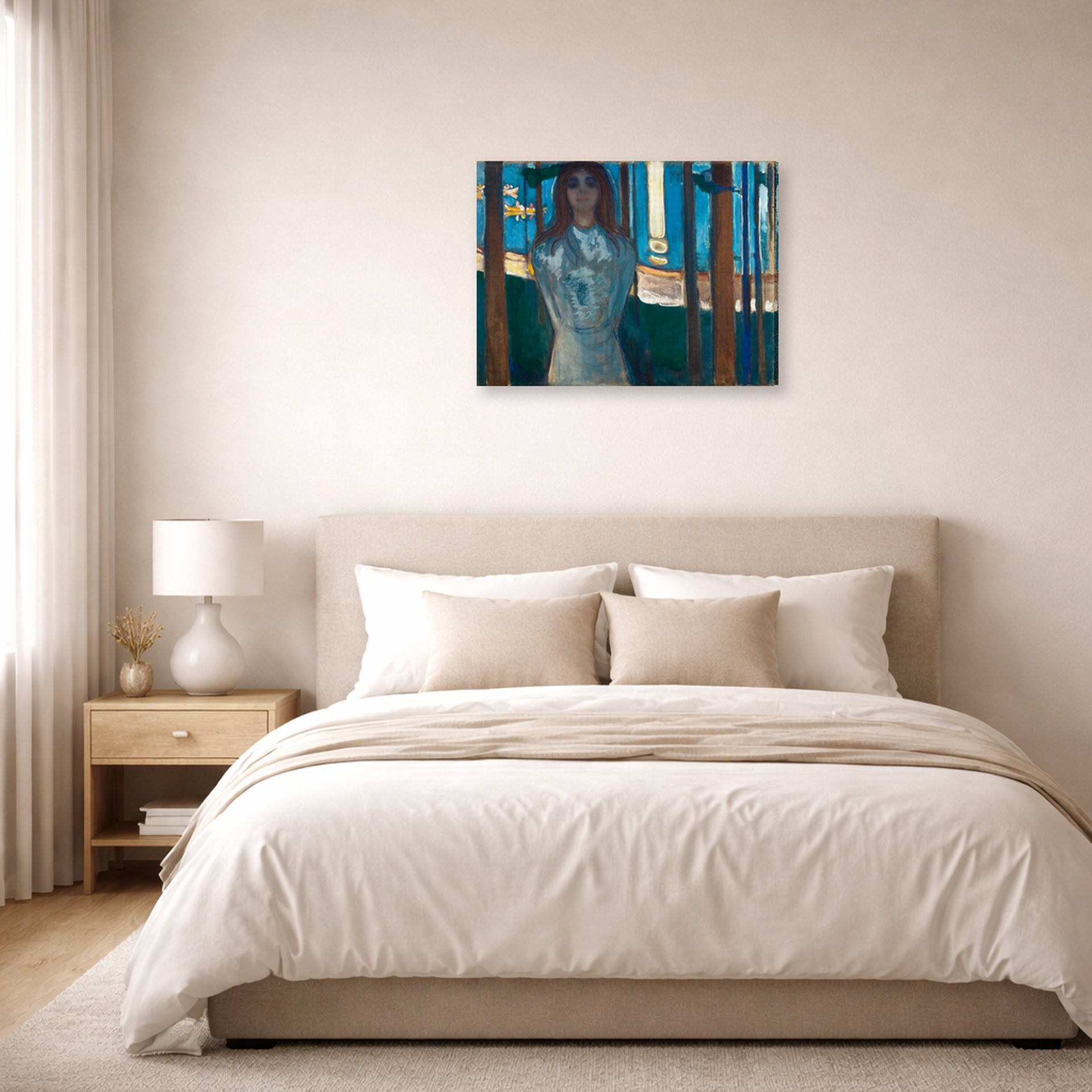 Gallery-wrapped canvas print of Edvard Munch's The Voice, Summer Night displayed on a wall in a bedroom