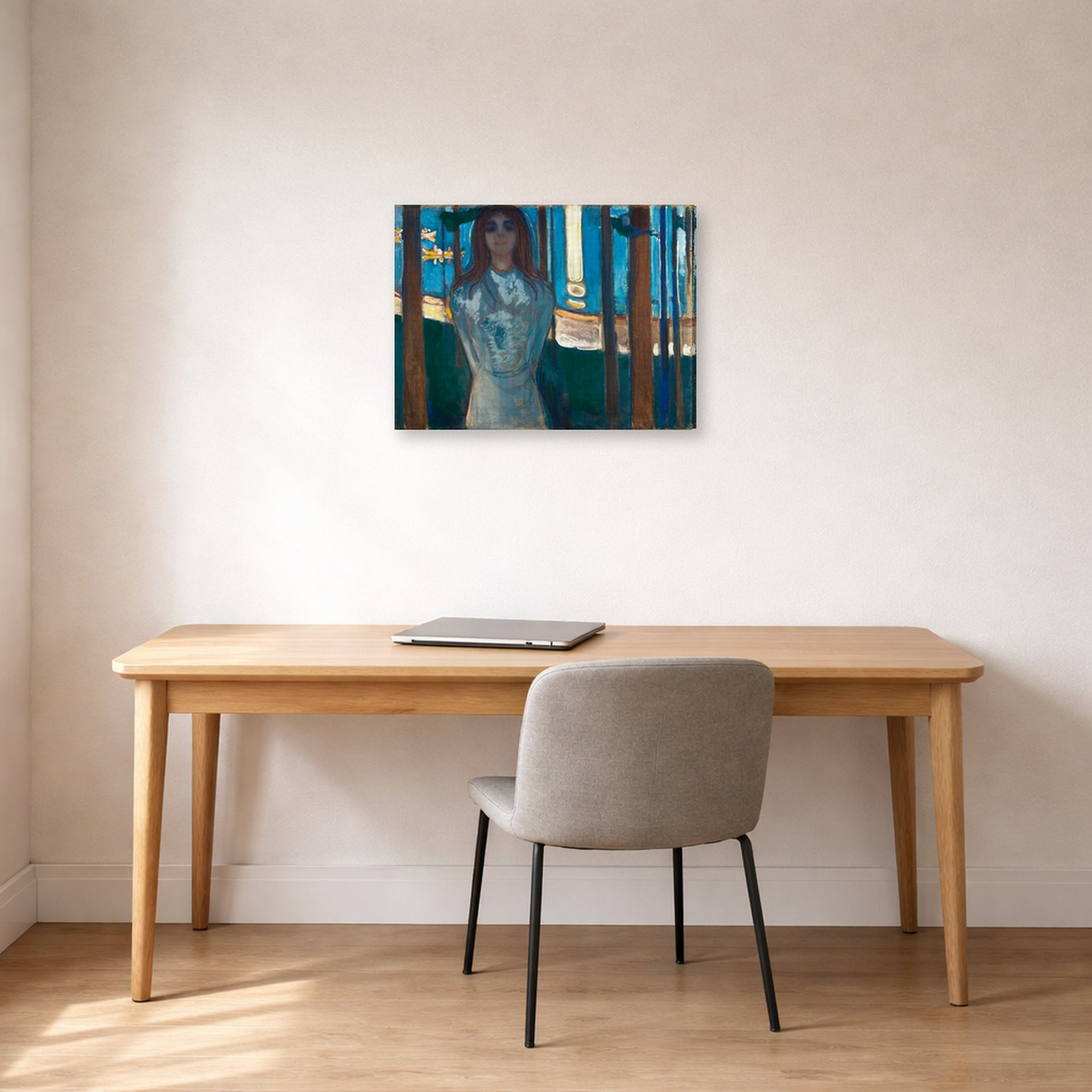 Gallery-wrapped canvas print of Edvard Munch's The Voice, Summer Night displayed on a wall in a home office