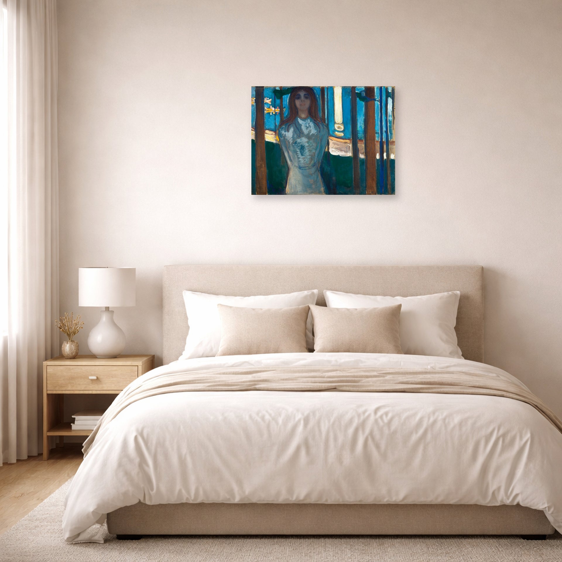 Unframed poster print of Edvard Munch's The Voice, Summer Night displayed on a wall in a bedroom
