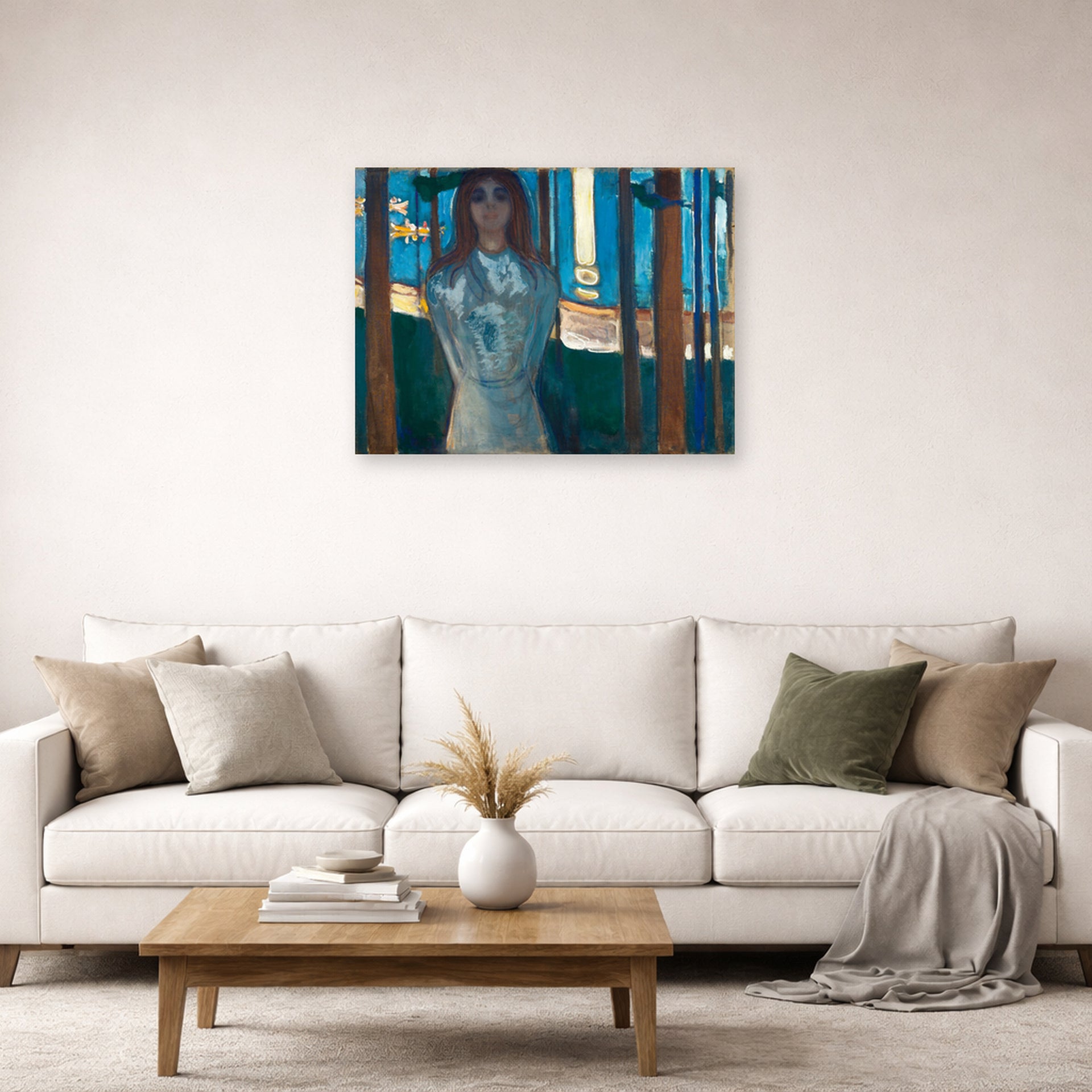 Unframed poster print of Edvard Munch's The Voice, Summer Night displayed on a wall in a living room