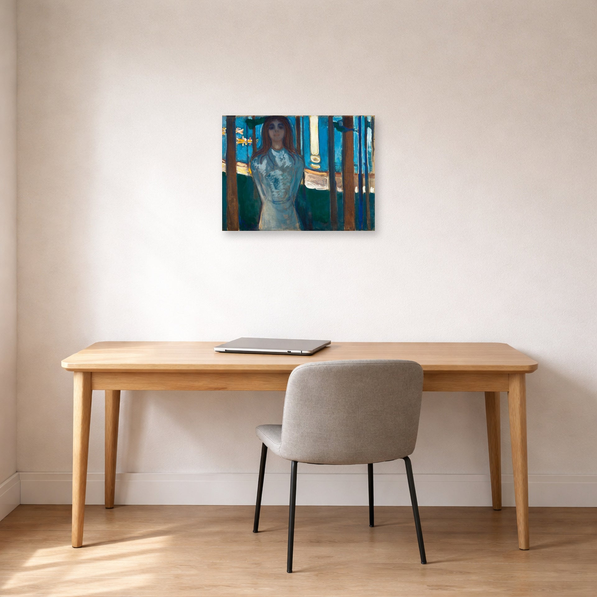 Unframed poster print of Edvard Munch's The Voice, Summer Night displayed on a wall in a home office
