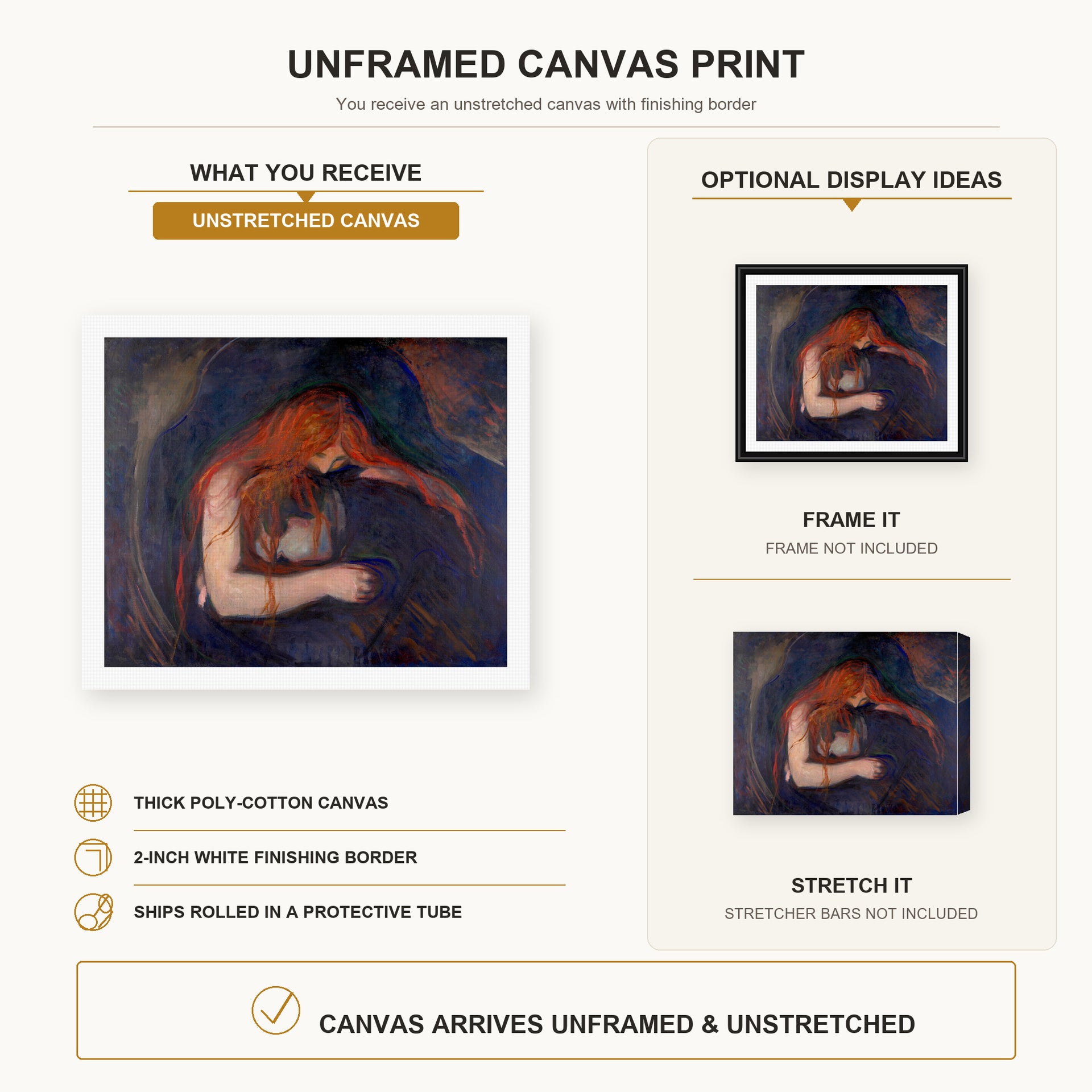Edvard Munch - Vampire canvas print size comparison and framing display infographic