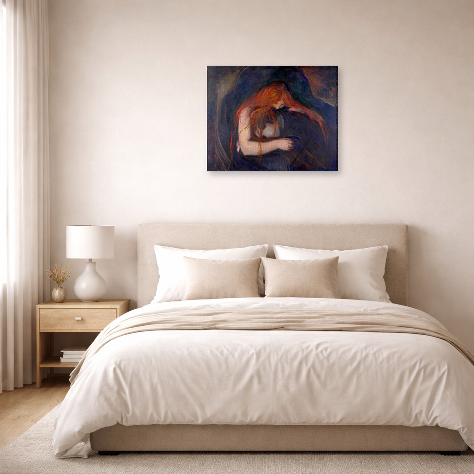 Gallery-wrapped canvas print of Edvard Munch's Vampire displayed on a wall in a bedroom