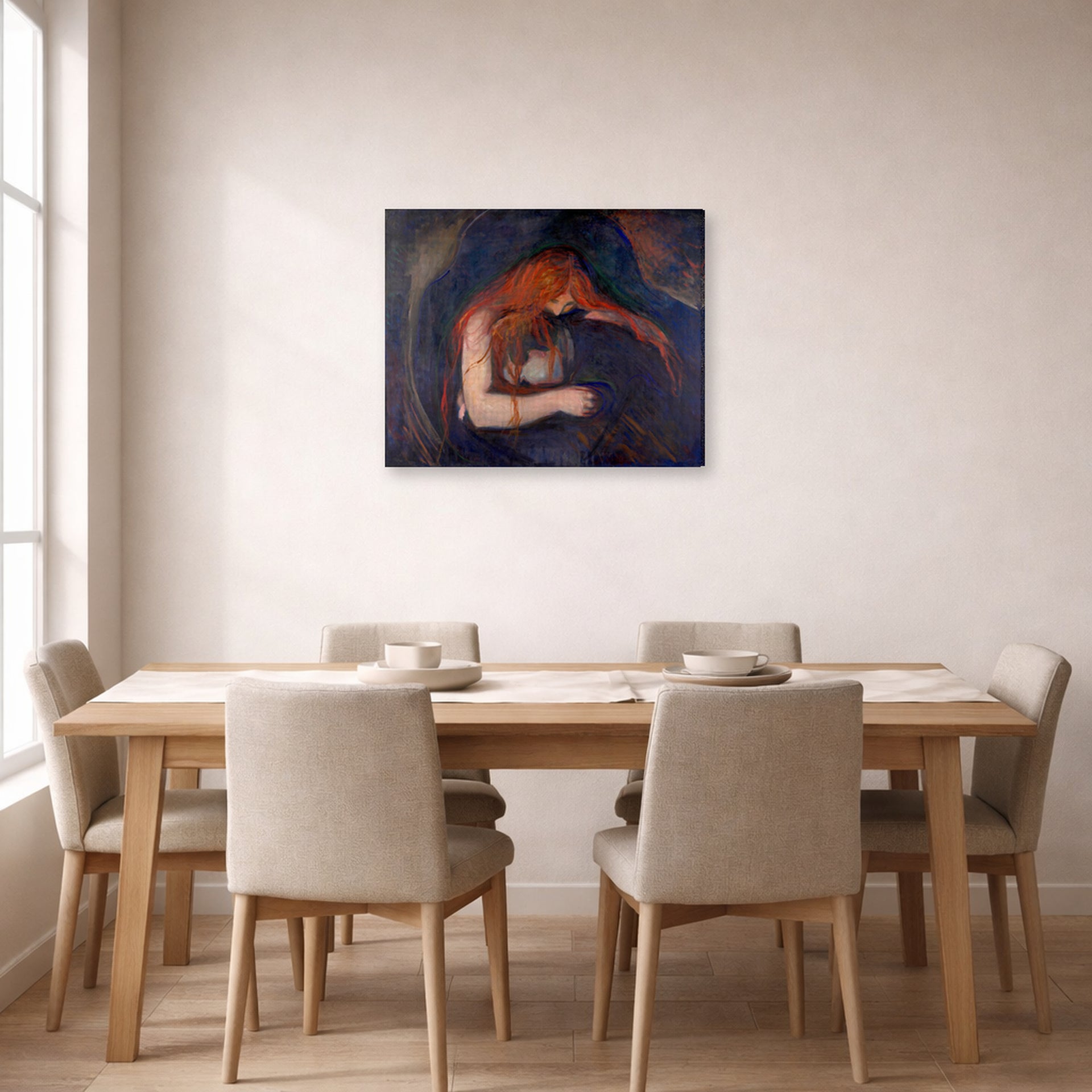 Gallery-wrapped canvas print of Edvard Munch's Vampire displayed on a wall in a dining room